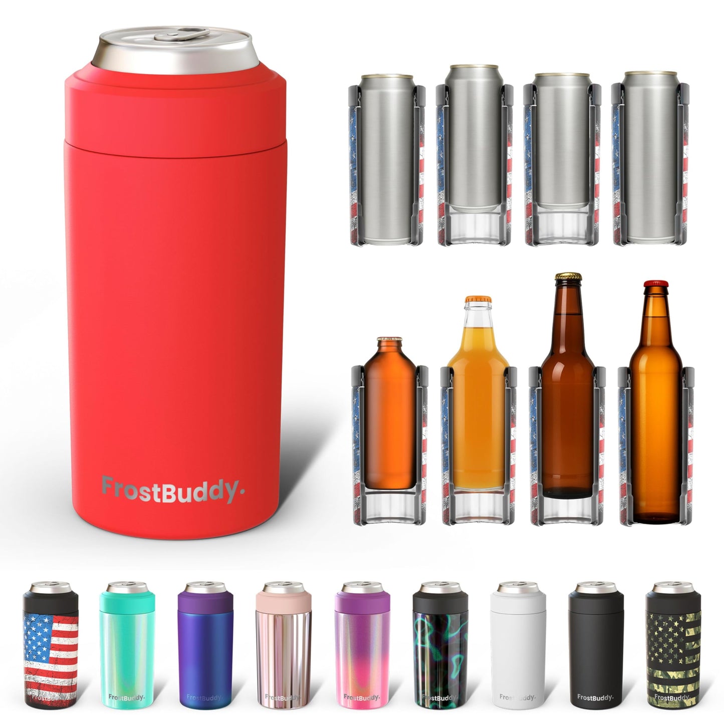 Frost Buddy Universal Buddy Can Cooler - Fits All - For Regular 12 & 16 oz or Slim-Size Bottles - Insulated Double -Walled Stainless Steel (All white)