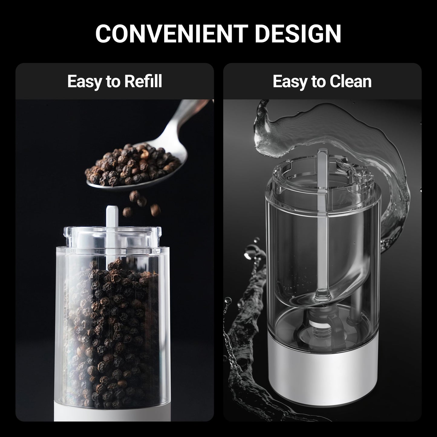 ThermoMaven Electric Salt and Pepper Grinder Set, 110ml Larger Rechargeable Automatic Salt and Pepper Mill Grinder with 6 Adjustable Coarseness, Electric Salt and Pepper Shakers, LED, 2 Packs, Black