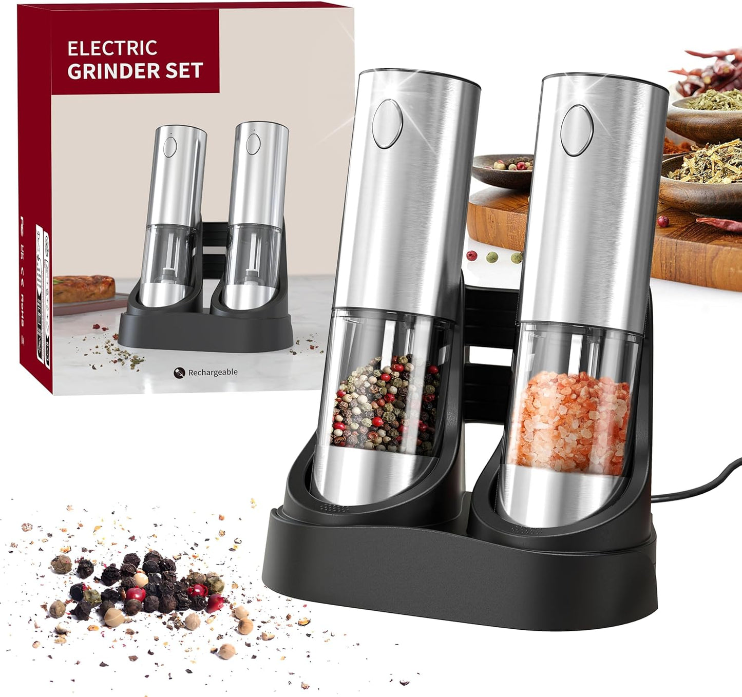 Electric Salt and Pepper Grinder Set, Rechargeable Automatic Stainless Steel Pepper Mills with LED Light, Upgraded Charging Base, Adjustable Coarseness, One-Hand Operation, House Warming Cooking Gifts