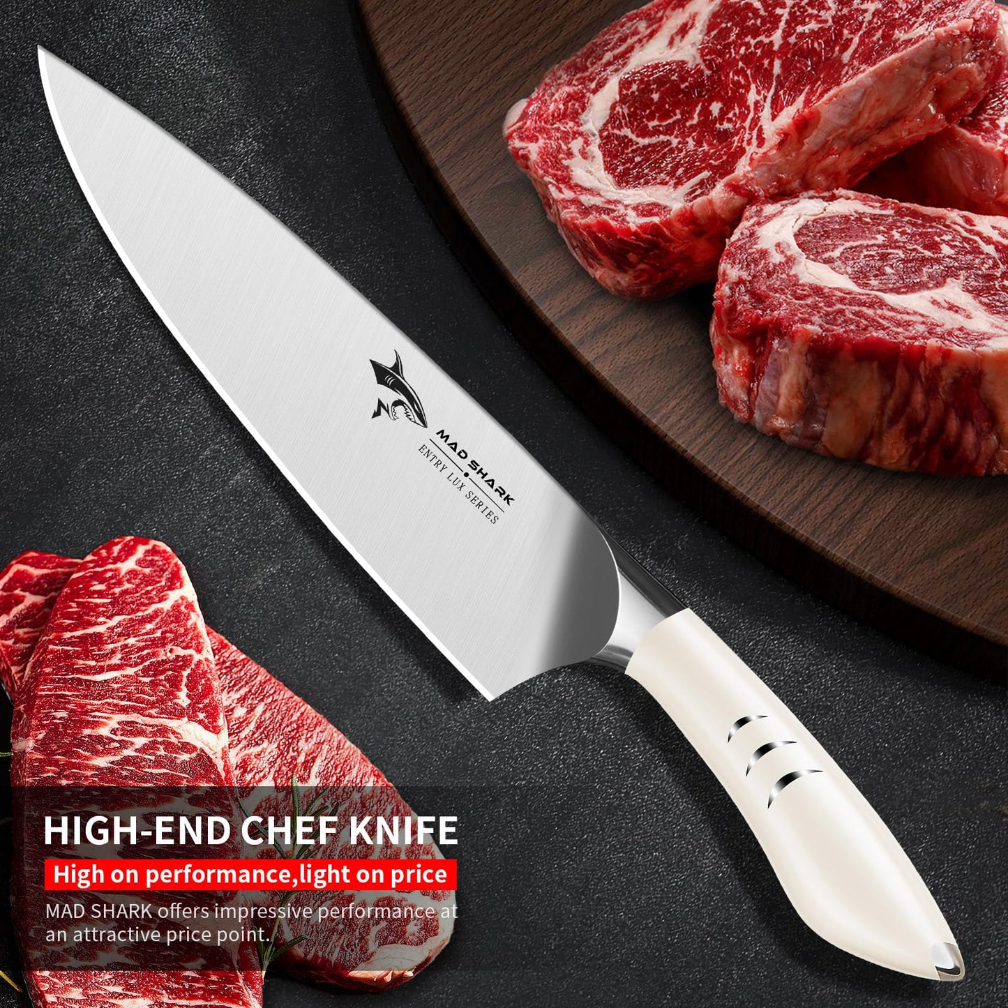 MAD SHARK Chef Knife 8 inch Chopping Knife High Carbon Stainless Steel Shark Chef's Knives with Ergonomic Handle, Cooking Knife with Gift Box, Birthday Gifts for Mom/Dad, Black