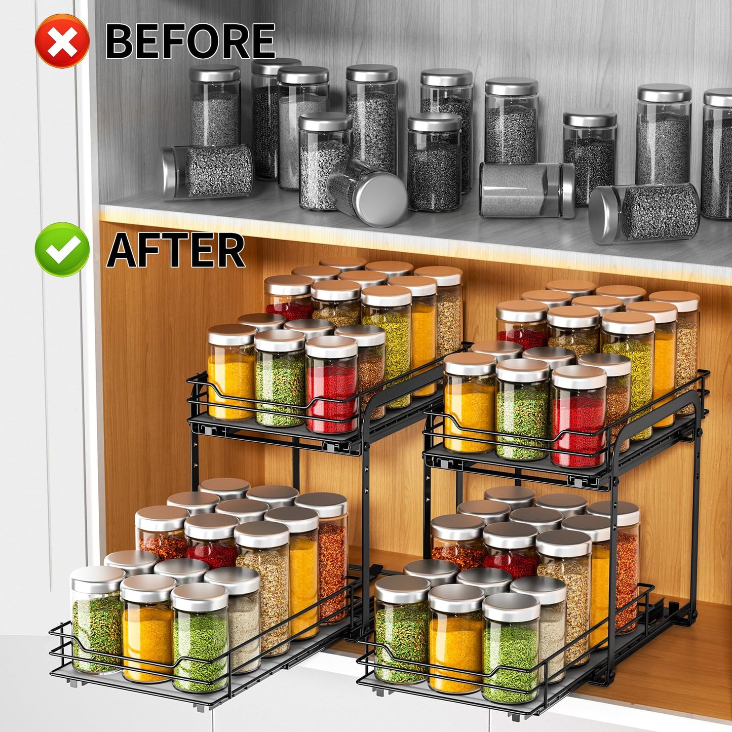 RCHYFEED Pull Out Spice Rack Organizer for Cabinet,Slide out Spice Organizer for Inside Cabinets,Heavy Duty Spice Organization for Kitchen and Pantry,Seasoning,Sauces(1-Tier,8.5" Wx10.5 Dx2.5 H)