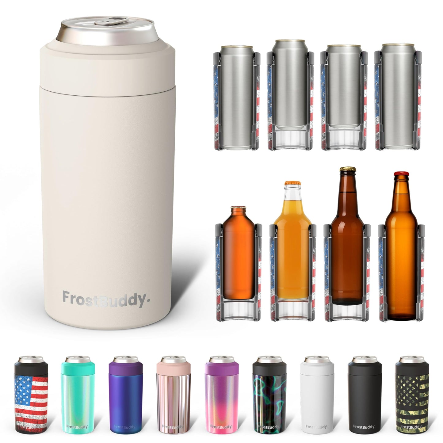 Frost Buddy Universal Buddy Can Cooler - Fits All - For Regular 12 & 16 oz or Slim-Size Bottles - Insulated Double -Walled Stainless Steel (All white)