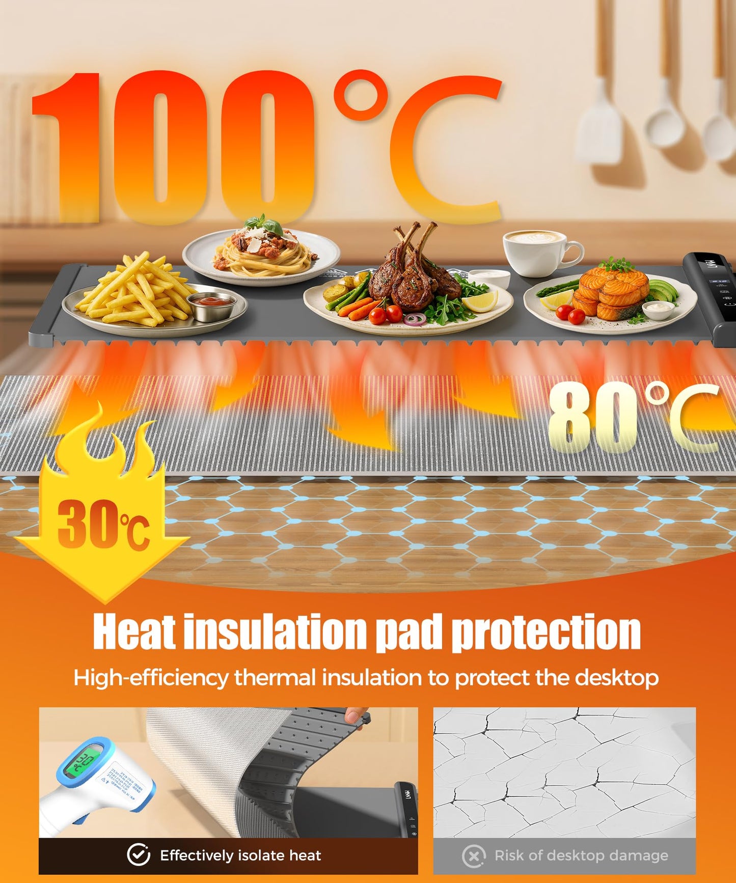 Food Warming Mat with Heat-Resistant Pad, 26X15 Inch, 6 Temperature & 6 Timer Settings, Child Lock Safety,Food Warmer Chafing Dishes for Buffet,Gatherings,Parties,Everyday Use