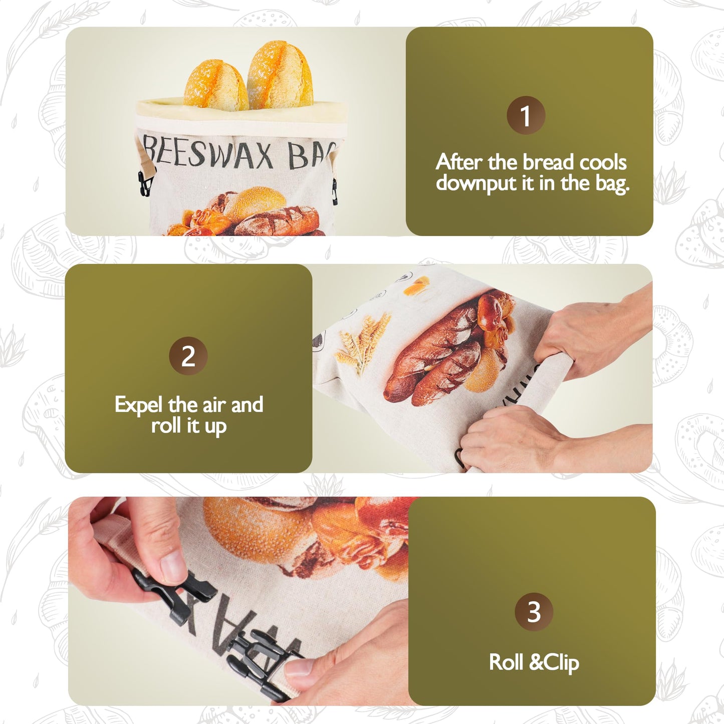 3-Pack Reusable Beeswax Bread Bags for Homemade Bread Sourdough, 2 Natural Beeswax 100% Linen Moisture-proof Lined Storage Bags with Buckle& 1 Bowl Covers –Easy to Clean,Safe,Keeps Bakes Fresh Longer