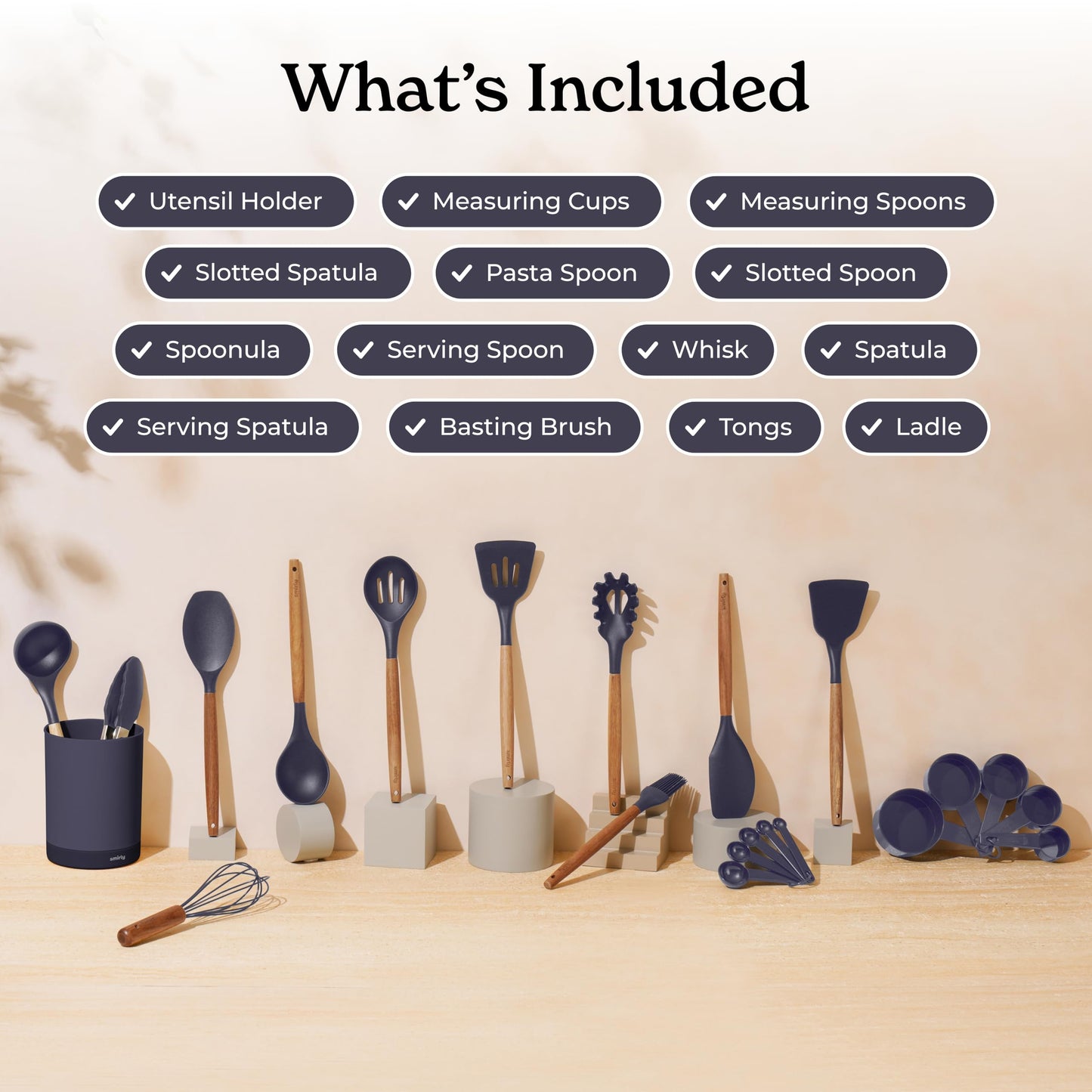 Silicone Kitchen Utensils Set & Holder: Cooking Utensils Set - Kitchen Essentials for New Home & 1st Apartment- Silicone Spatula Set, Cooking Spoons for Nonstick Cookware (Acacia Wood, Cream White)