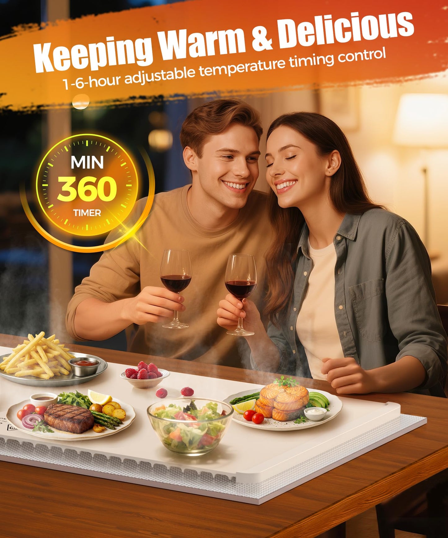 Food Warming Mat with Heat-Resistant Pad, 26X15 Inch, 6 Temperature & 6 Timer Settings, Child Lock Safety,Food Warmer Chafing Dishes for Buffet,Gatherings,Parties,Everyday Use