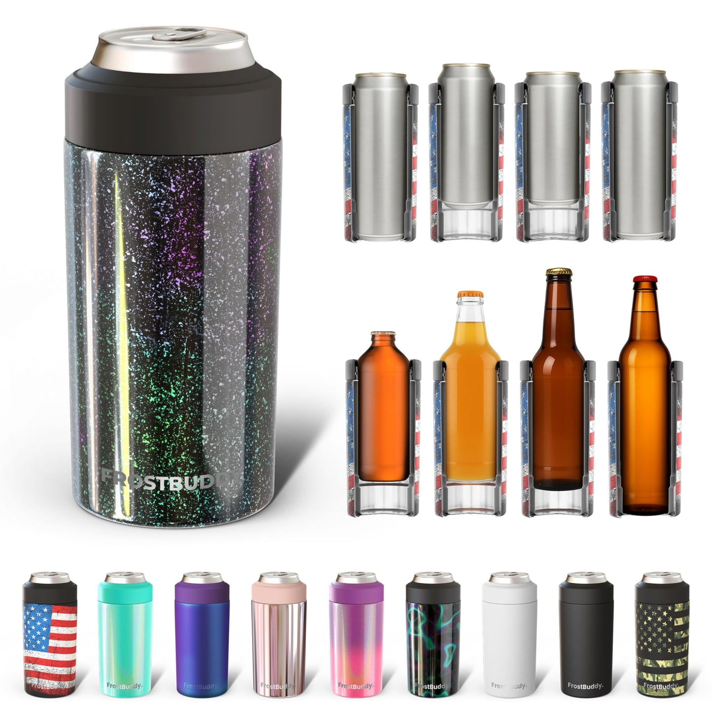 Frost Buddy Universal Buddy Can Cooler - Fits All - For Regular 12 & 16 oz or Slim-Size Bottles - Insulated Double -Walled Stainless Steel (All white)