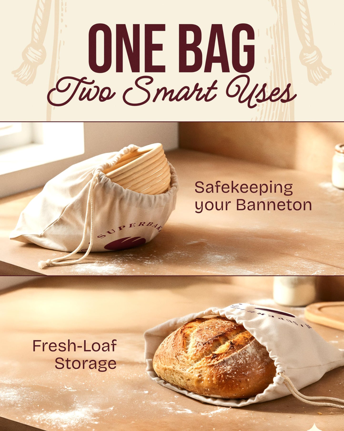 Superbaking 2 pcs Banneton Bread Proofing Basket, 9" Splinter-Free Round Rattan Bread Basket with Liners, Sourdough Starter Kit, Sourdough Bread Baking Supplies & Sourdough Kit, Bread Making Tools