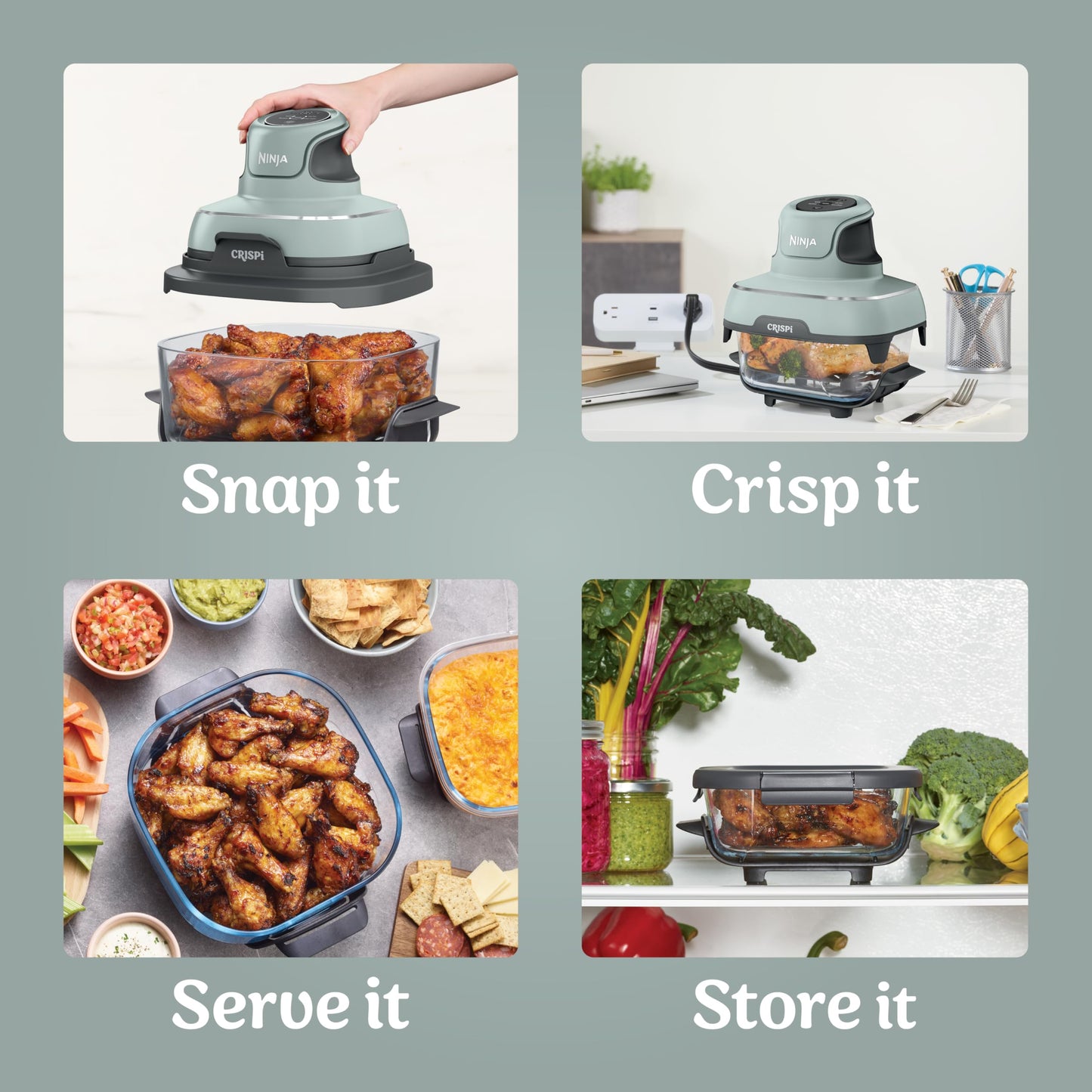 Ninja | Air Fryer | Crispi 4-in-1 Portable Cooking System | 4QT & 6 Cup Glass Containers, Crisper Plates & Storage Lids Included | Microwave, Freezer & Dishwasher Safe | Cherry Crush | FN101DR