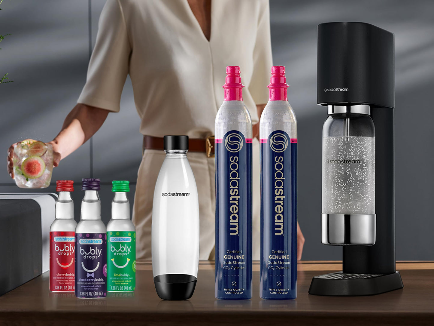 SodaStream Enso Sparkling Water Maker Value Bundle - includes CO2, Carbonating Bottles and Bubly Drop Flavors