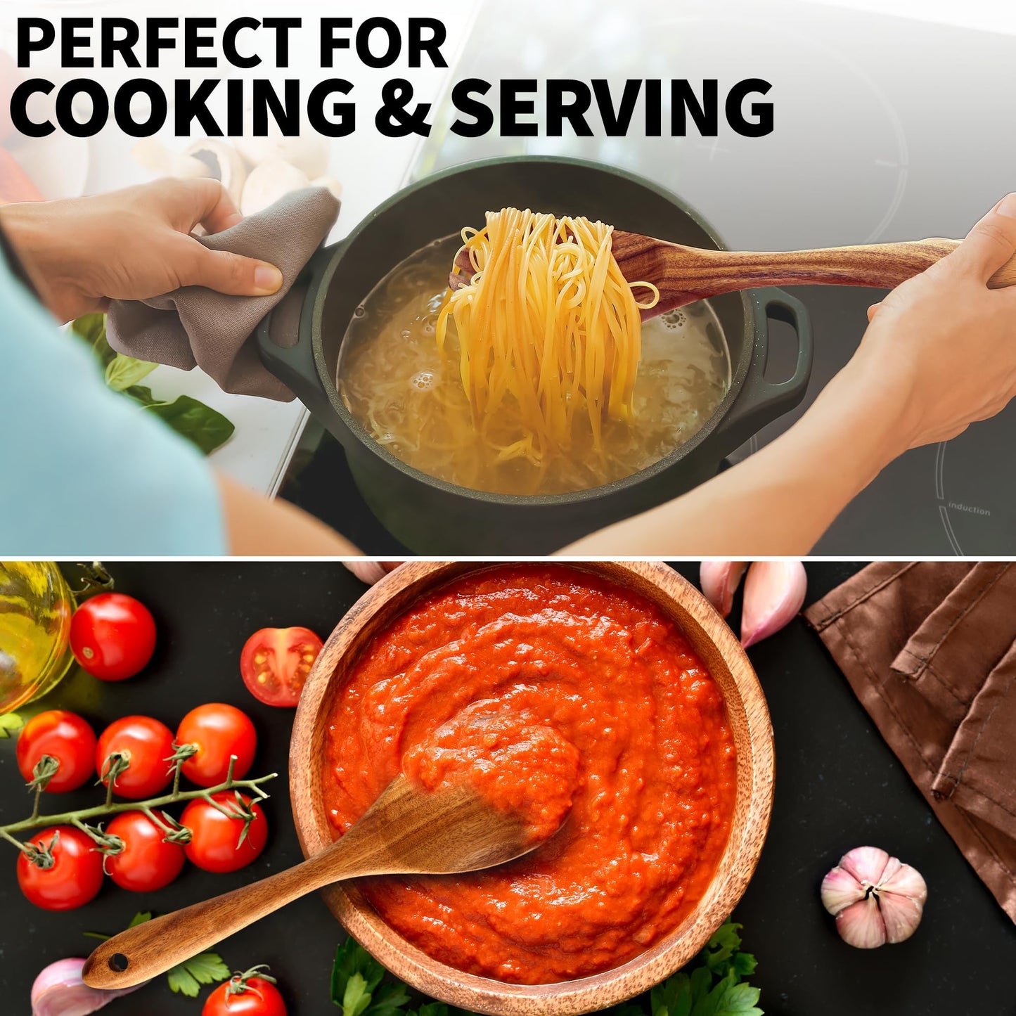 Zulay Kitchen 9.4" Teak Wooden Cooking Spoon – Durable, Non-Stick Wooden Utensil for Cooking, Stirring, Mixing & Serving – Heat-Resistant, Smooth Finish Kitchen Spoon for Nonstick Cookware