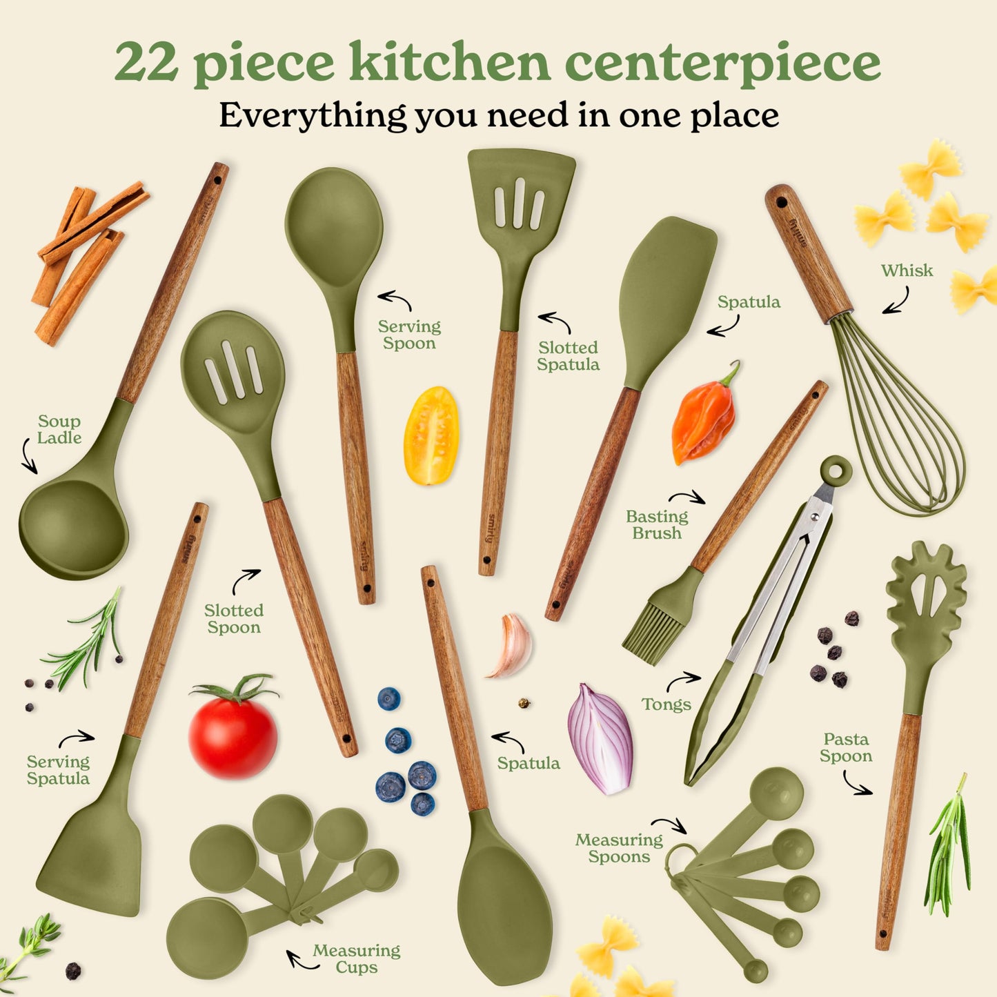 Silicone Kitchen Utensils Set & Holder: Cooking Utensils Set - Kitchen Essentials for New Home & 1st Apartment- Silicone Spatula Set, Cooking Spoons for Nonstick Cookware (Acacia Wood, Cream White)