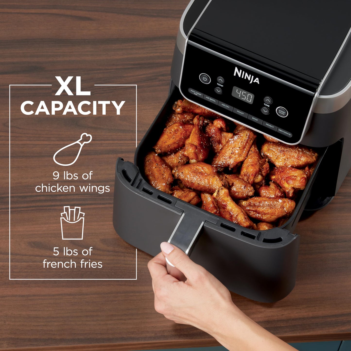 Ninja | Air Fryer | 6.5 QT Pro XL Capacity fits 9lbs of Wings | 6-in-1 Max Crisp, Air Fry, Roast, Bake, Reheat & Dehydrate | Nonstick Basket, Crisper Plate & Recipe Guide | Grey | AF181