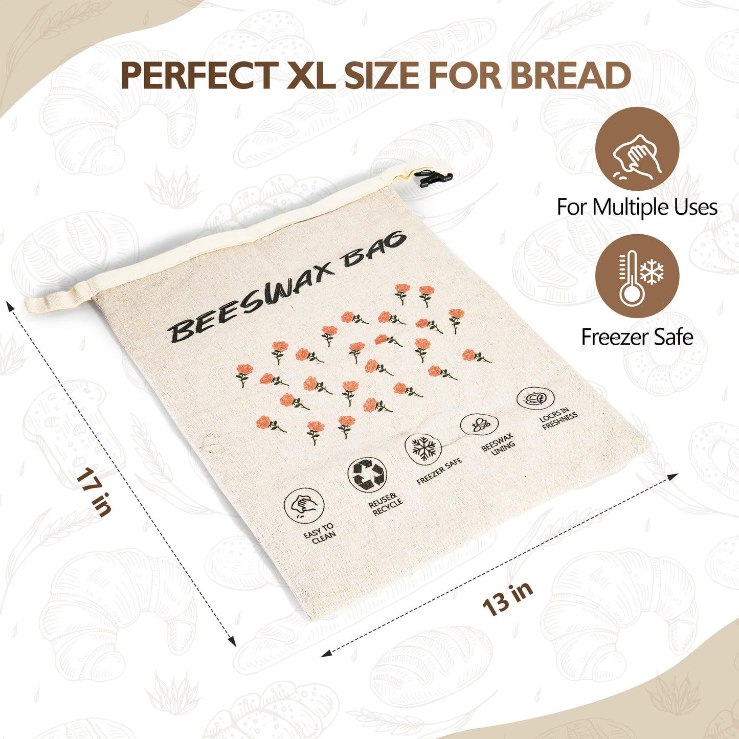 3-Pack Reusable Beeswax Bread Bags for Homemade Bread Sourdough, 2 Natural Beeswax 100% Linen Moisture-proof Lined Storage Bags with Buckle& 1 Bowl Covers –Easy to Clean,Safe,Keeps Bakes Fresh Longer