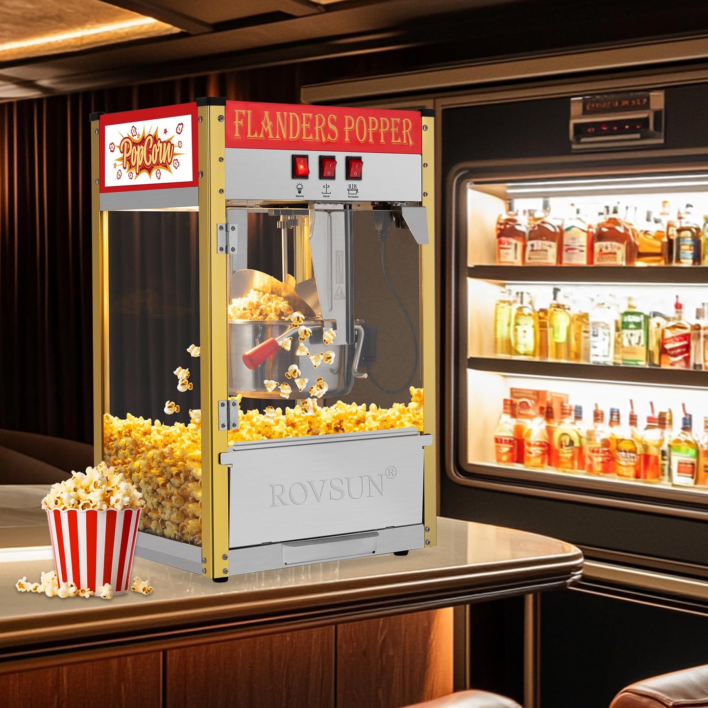 ROVSUN Popcorn Machine with 8 Ounce Kettle Makes Up to 32 Cups, Commercial Popcorn Machine Countertop Popcorn Maker w/Stainless Steel Scoop, Oil Spoon & 3 Popcorn Cups for Home Movie Theater, ETL