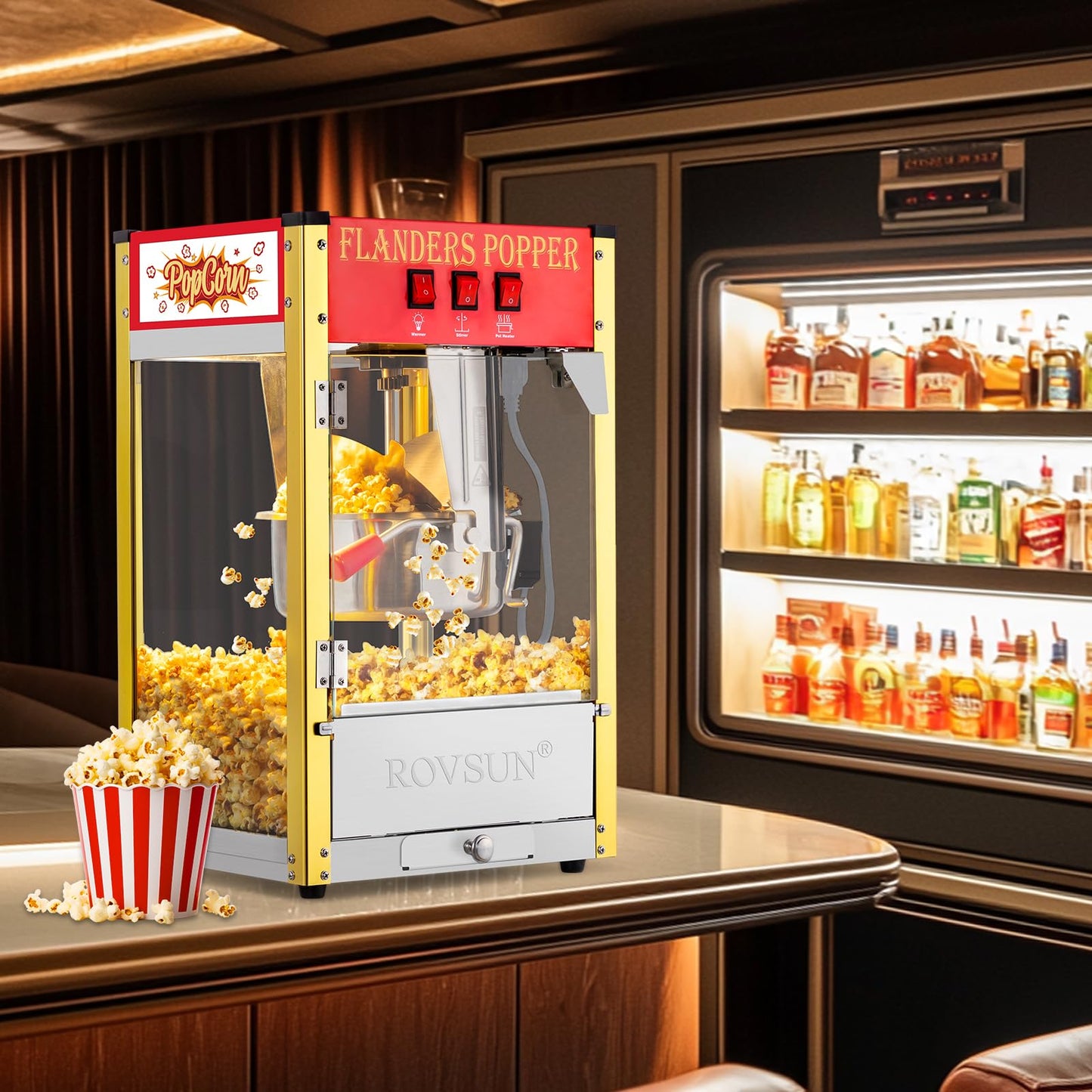 ROVSUN Popcorn Machine with 8 Ounce Kettle Makes Up to 32 Cups, Commercial Popcorn Machine Countertop Popcorn Maker w/Stainless Steel Scoop, Oil Spoon & 3 Popcorn Cups for Home Movie Theater, ETL