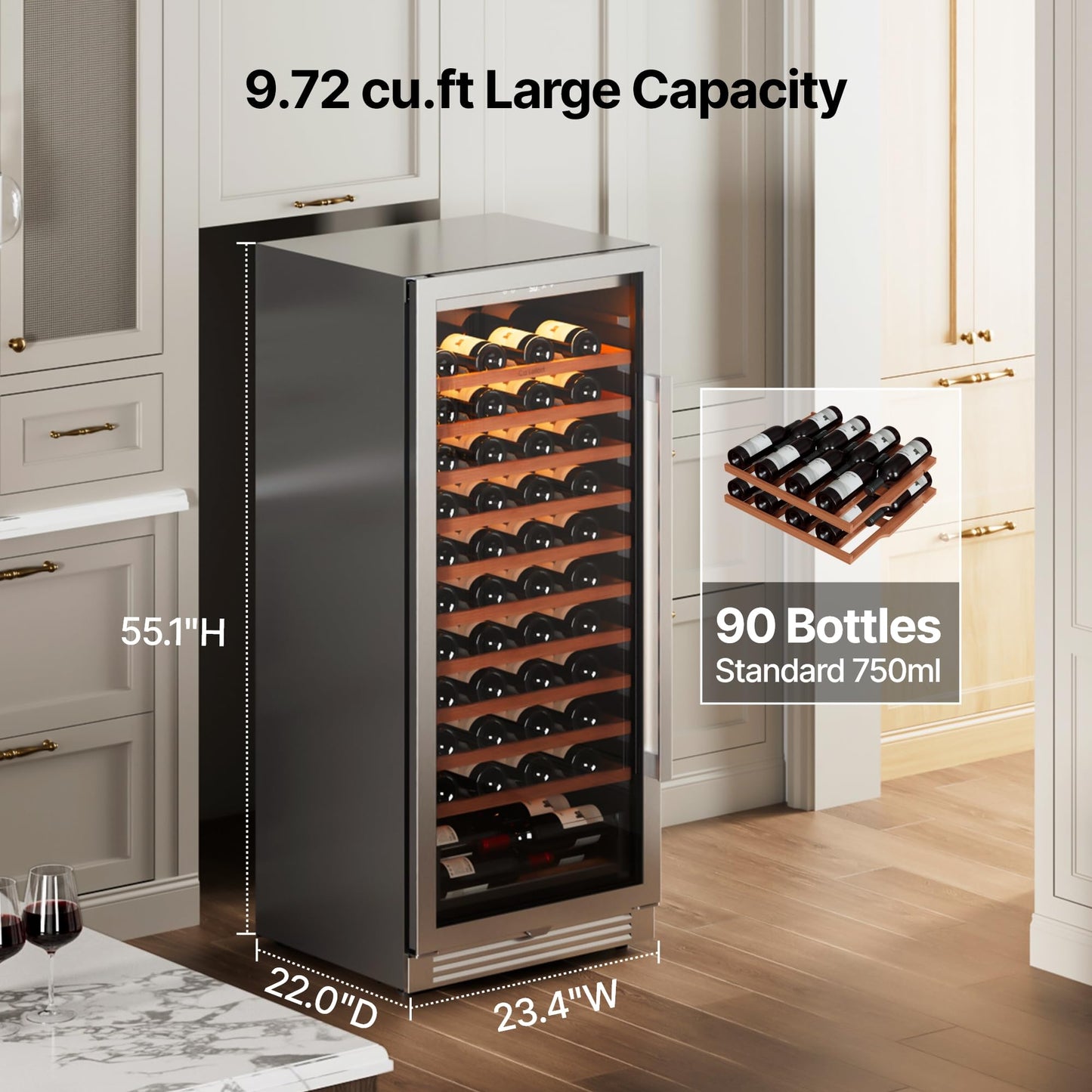 Ca'Lefort 24 Inch Wine Fridge, Dual Zone 90 Bottle Wine Cooler Refrigerator, 40-65°F Refrigerator with Glass Door, 3 LED Built-in/Freestanding Fridge for Bar/Kitchen/Resterant (Left-Hinged)