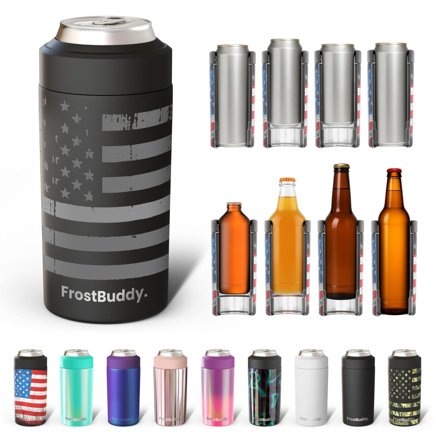 Frost Buddy Universal Buddy Can Cooler - Fits All - For Regular 12 & 16 oz or Slim-Size Bottles - Insulated Double -Walled Stainless Steel (All white)