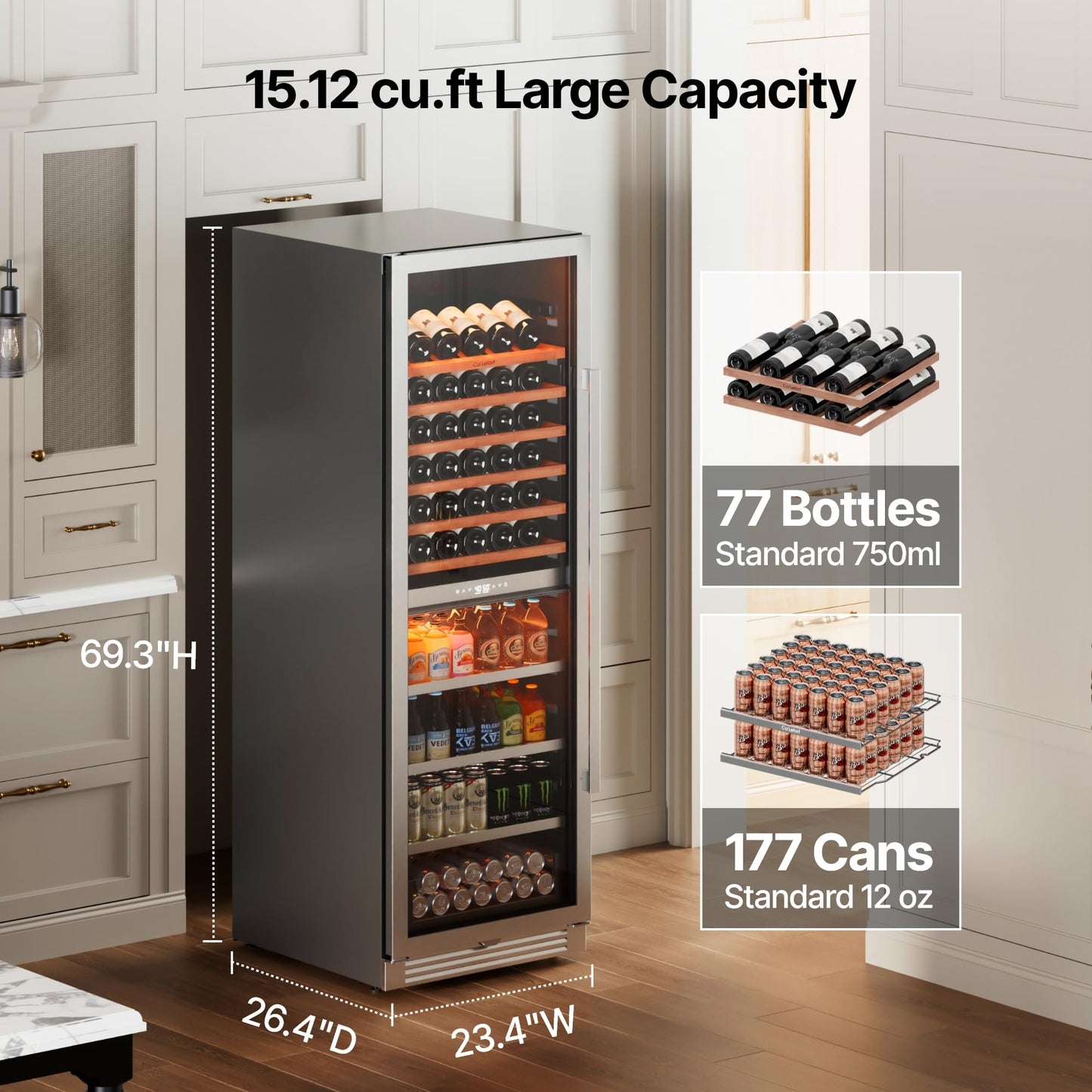 Ca'Lefort 24 Inch Wine Fridge, Dual Zone 90 Bottle Wine Cooler Refrigerator, 40-65°F Refrigerator with Glass Door, 3 LED Built-in/Freestanding Fridge for Bar/Kitchen/Resterant (Left-Hinged)