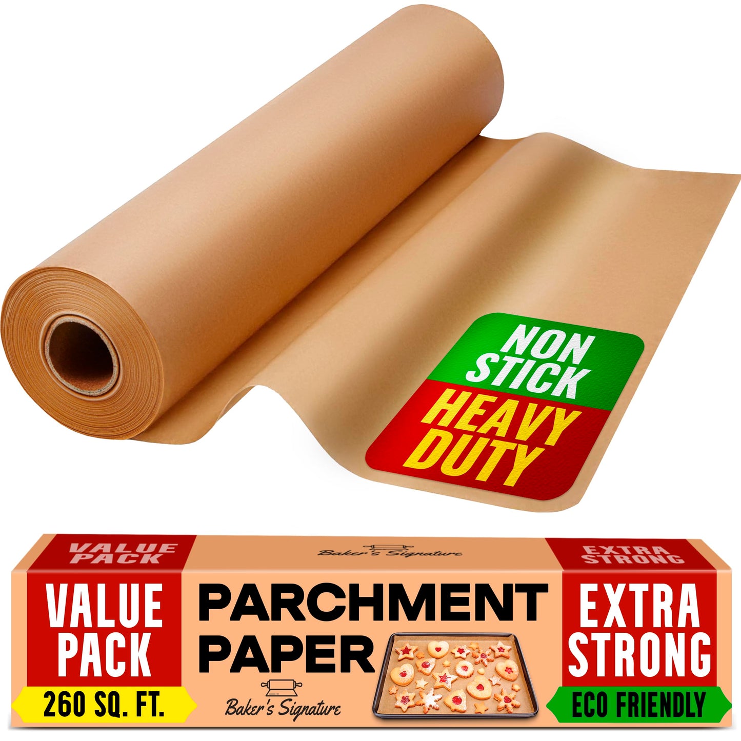 Unbleached Parchment Paper for Baking – 2-Pack 520 Sq.Ft Total - 15 in x 210 ft Baking Paper Roll with Cutter, Non-Stick Brown Parchment for Baking, Cooking, Grilling, Steaming by Baker’s Signature