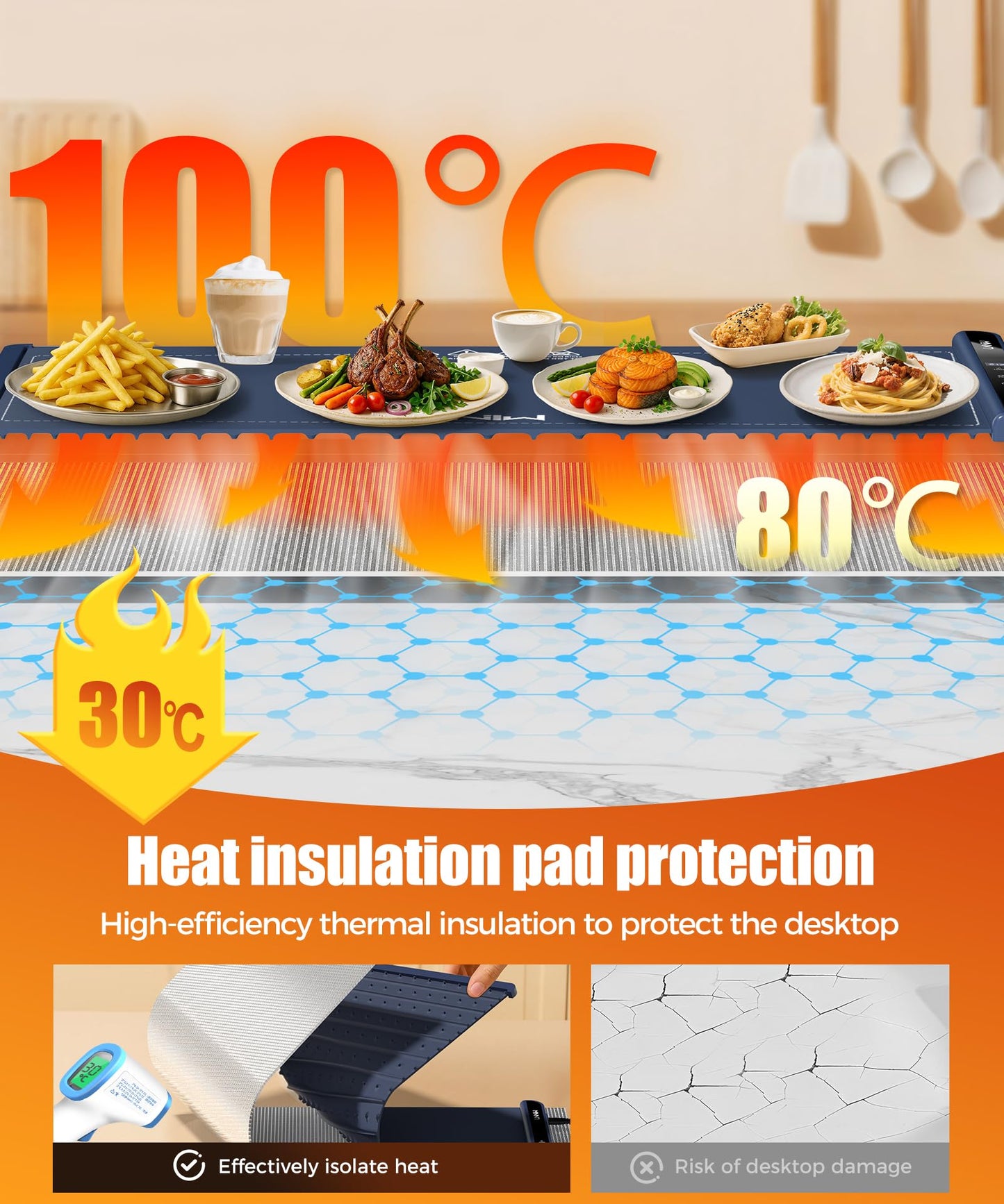 Food Warming Mat with Heat-Resistant Pad, 26X15 Inch, 6 Temperature & 6 Timer Settings, Child Lock Safety,Food Warmer Chafing Dishes for Buffet,Gatherings,Parties,Everyday Use