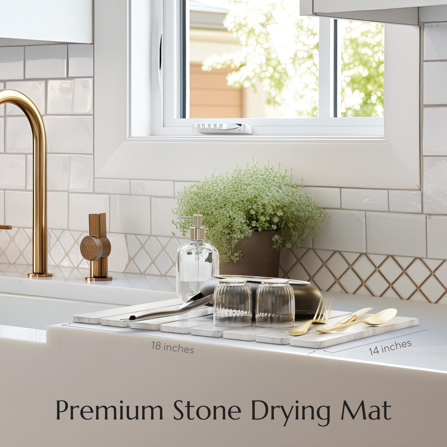 Stone Drying Mat for Kitchen Counter - Collapsible Diatomaceous Earth Dish Drying Stone - Fast Absorbent Stone Dish Drying Mat for Dishes and Pots (White Marble)