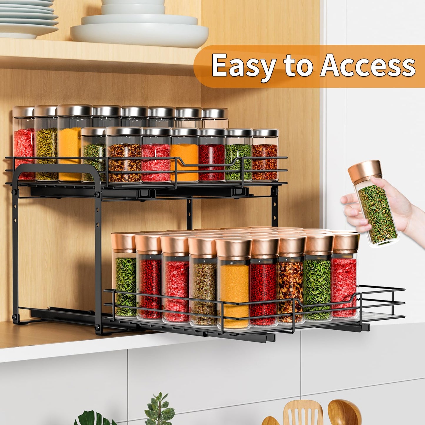 RCHYFEED Pull Out Spice Rack Organizer for Cabinet,Slide out Spice Organizer for Inside Cabinets,Heavy Duty Spice Organization for Kitchen and Pantry,Seasoning,Sauces(1-Tier,8.5" Wx10.5 Dx2.5 H)