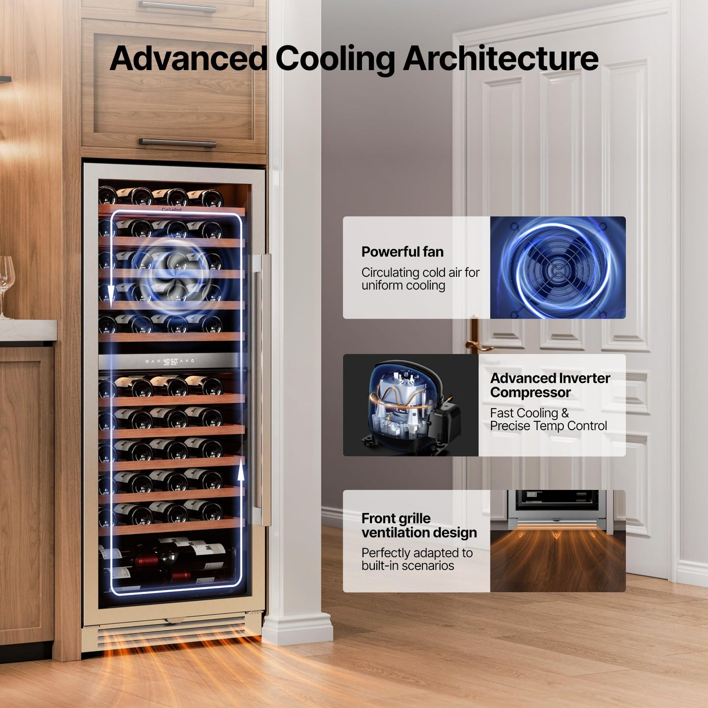 Ca'Lefort 24 Inch Wine Fridge, Dual Zone 90 Bottle Wine Cooler Refrigerator, 40-65°F Refrigerator with Glass Door, 3 LED Built-in/Freestanding Fridge for Bar/Kitchen/Resterant (Left-Hinged)