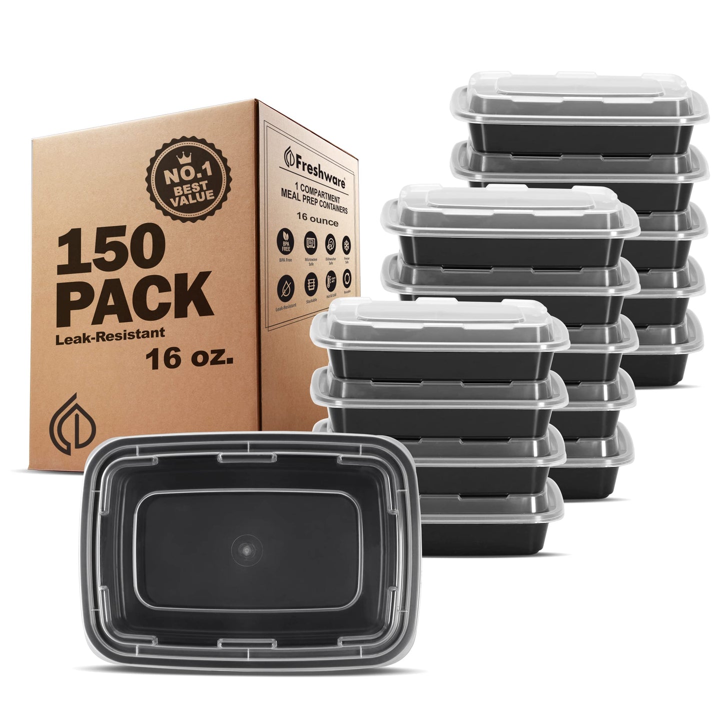 Freshware Meal Prep Containers [150 Pack] 1 Compartment with Lids, Food Storage Containers, Bento Box, BPA Free, Stackable, Microwave/Dishwasher/Freezer Safe (24 oz)