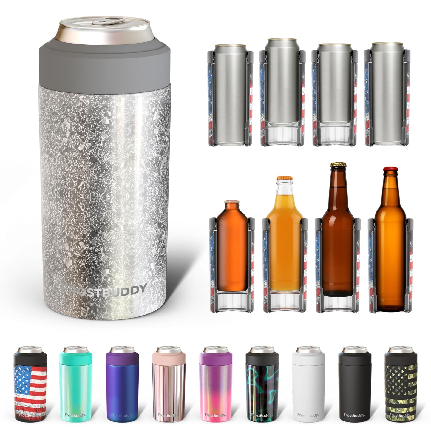Frost Buddy Universal Buddy Can Cooler - Fits All - For Regular 12 & 16 oz or Slim-Size Bottles - Insulated Double -Walled Stainless Steel (All white)
