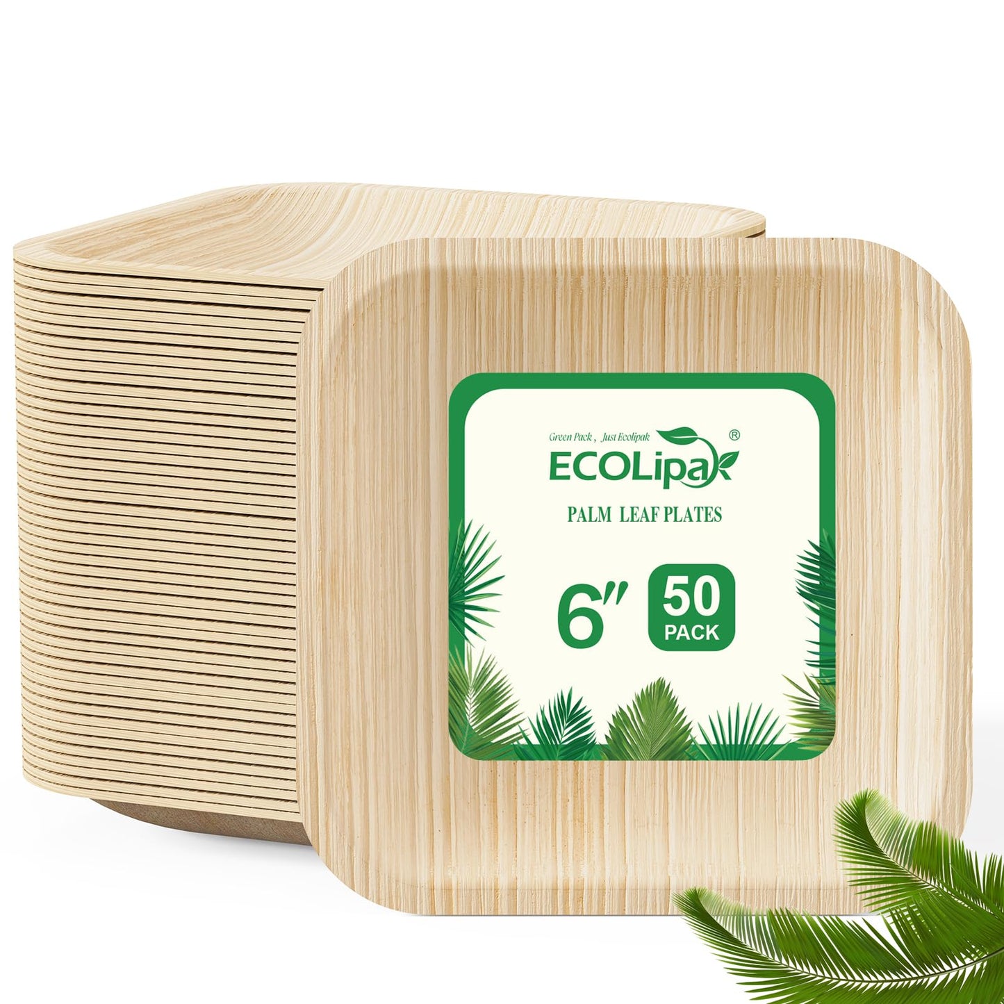 ECOLipak 6 Inch Compostable Palm Leaf Plate Like Bamboo Plate, 100 Pack Disposable Biodegradable Plates Suitable for Party, Dinner