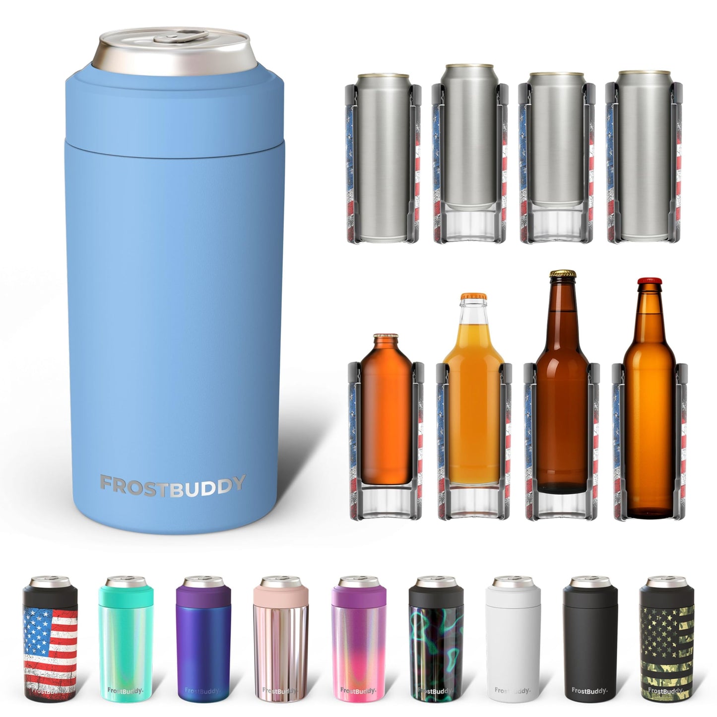 Frost Buddy Universal Buddy Can Cooler - Fits All - For Regular 12 & 16 oz or Slim-Size Bottles - Insulated Double -Walled Stainless Steel (All white)