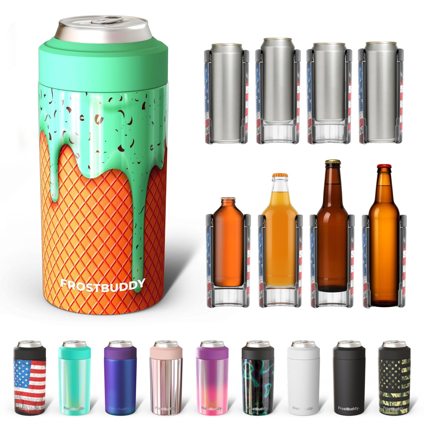 Frost Buddy Universal Buddy Can Cooler - Fits All - For Regular 12 & 16 oz or Slim-Size Bottles - Insulated Double -Walled Stainless Steel (All white)