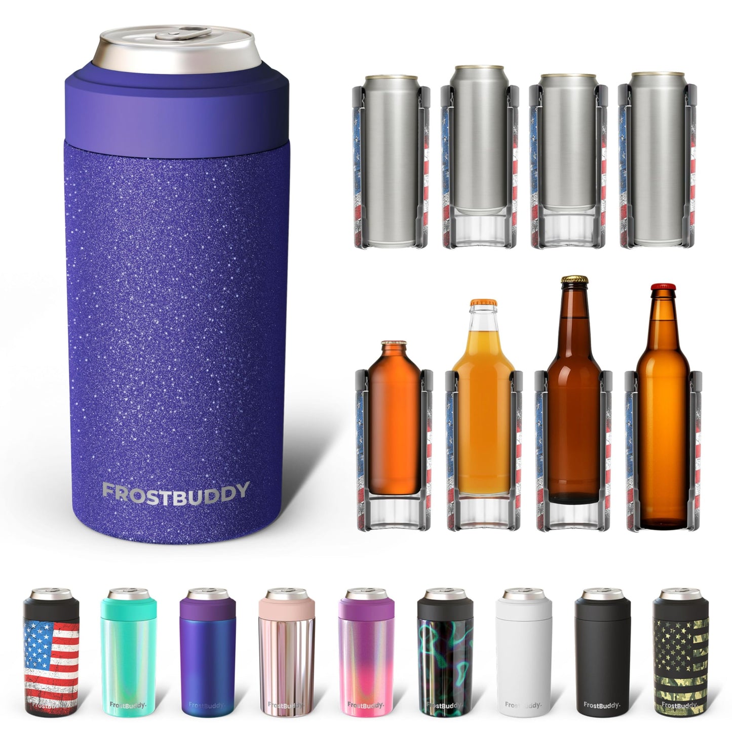 Frost Buddy Universal Buddy Can Cooler - Fits All - For Regular 12 & 16 oz or Slim-Size Bottles - Insulated Double -Walled Stainless Steel (All white)