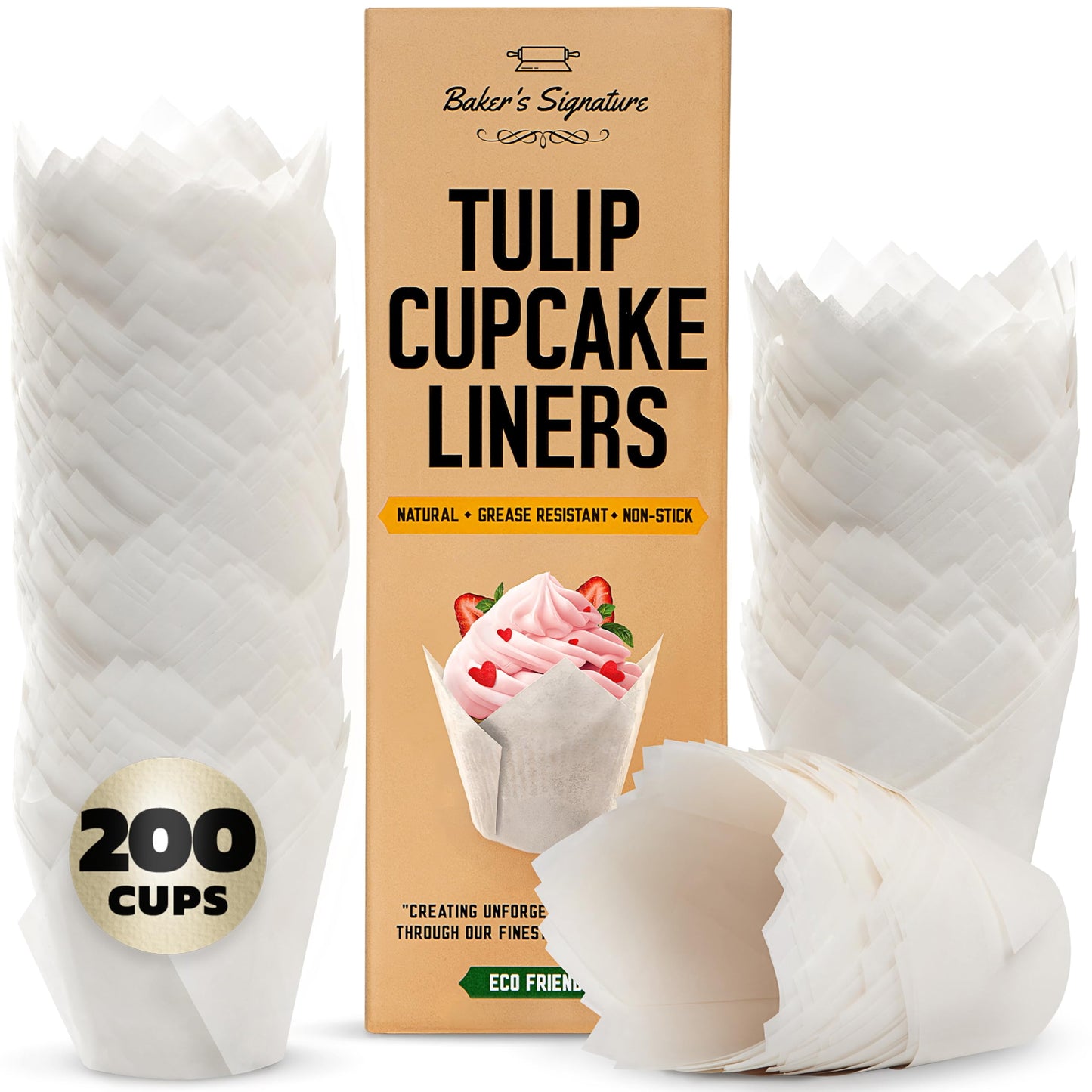 Tulip Cupcake Liners, Muffin Liners for Baking by Baker’s Signature – 200pcs of Parchment Paper Cups Cupcake Wrappers – Perfect Size, Sturdy, Greaseproof & Easy to Use – Colorful