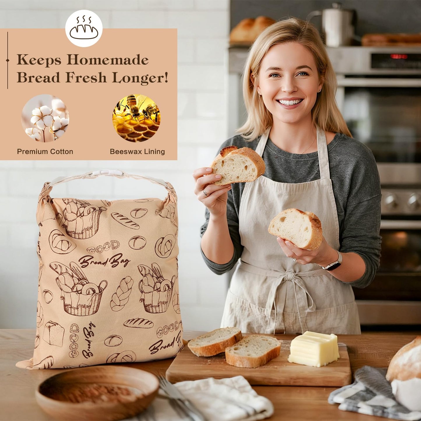 Aofmee Reusable Beeswax Bread Bags for Homemade Bread, 2 Pack Sourdough Bread Bags, XL Natural Cotton Beeswax Bag, Fresh Keeping Extra Large Bread Food Storage Bag for Gift Giving