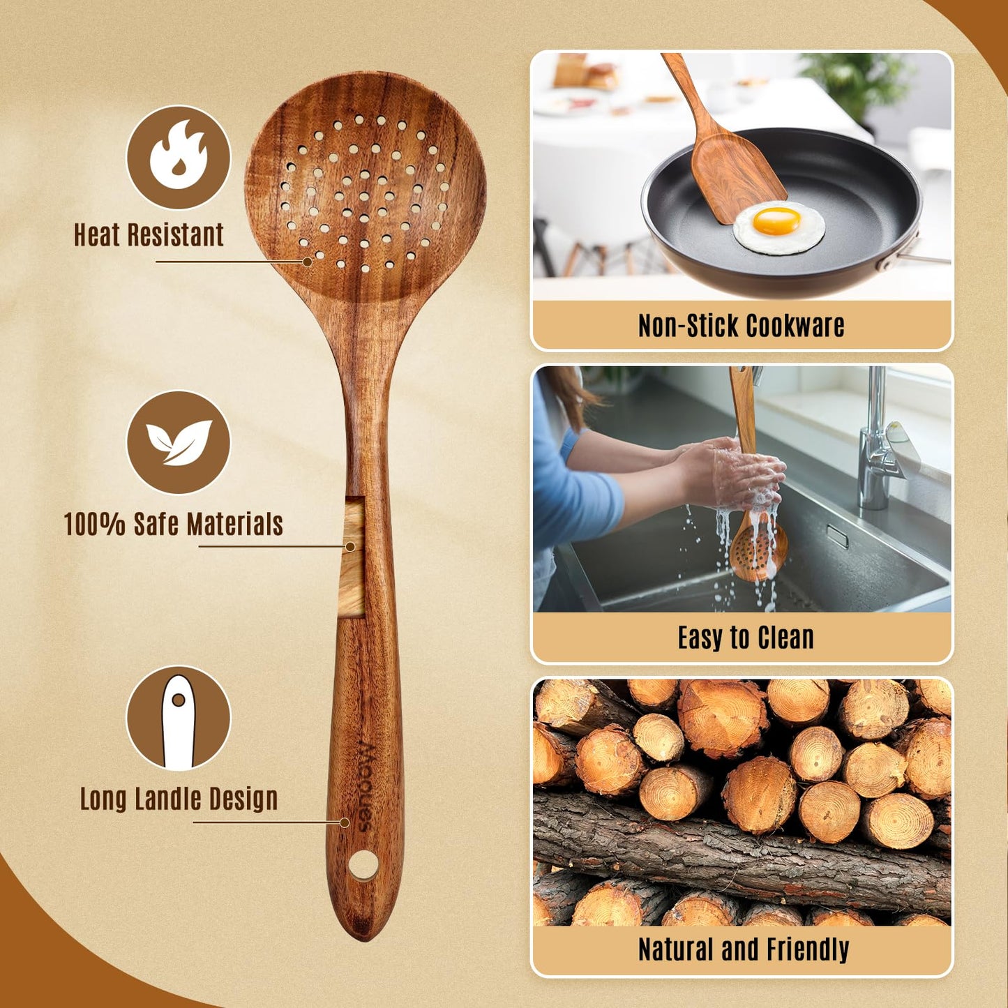 9 Piece Natural Teak Wooden Kitchen Utensil Set with Spoon Rest - Comfort Grip Cooking Spoons and Utensils Holder