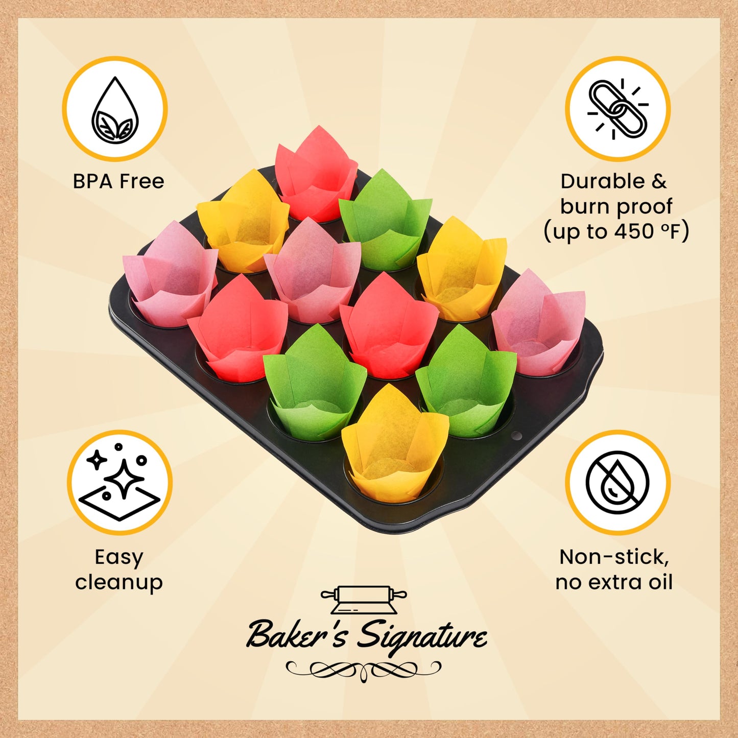 Tulip Cupcake Liners, Muffin Liners for Baking by Baker’s Signature – 200pcs of Parchment Paper Cups Cupcake Wrappers – Perfect Size, Sturdy, Greaseproof & Easy to Use – Colorful