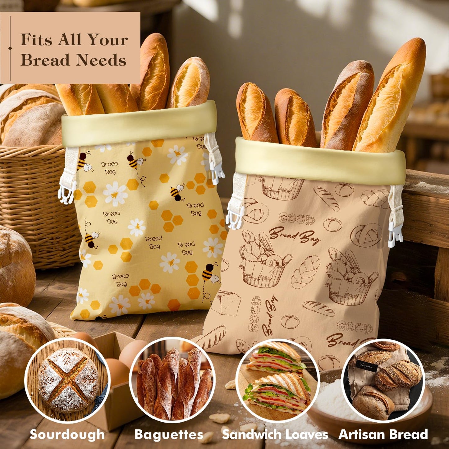 Aofmee Reusable Beeswax Bread Bags for Homemade Bread, 2 Pack Sourdough Bread Bags, XL Natural Cotton Beeswax Bag, Fresh Keeping Extra Large Bread Food Storage Bag for Gift Giving