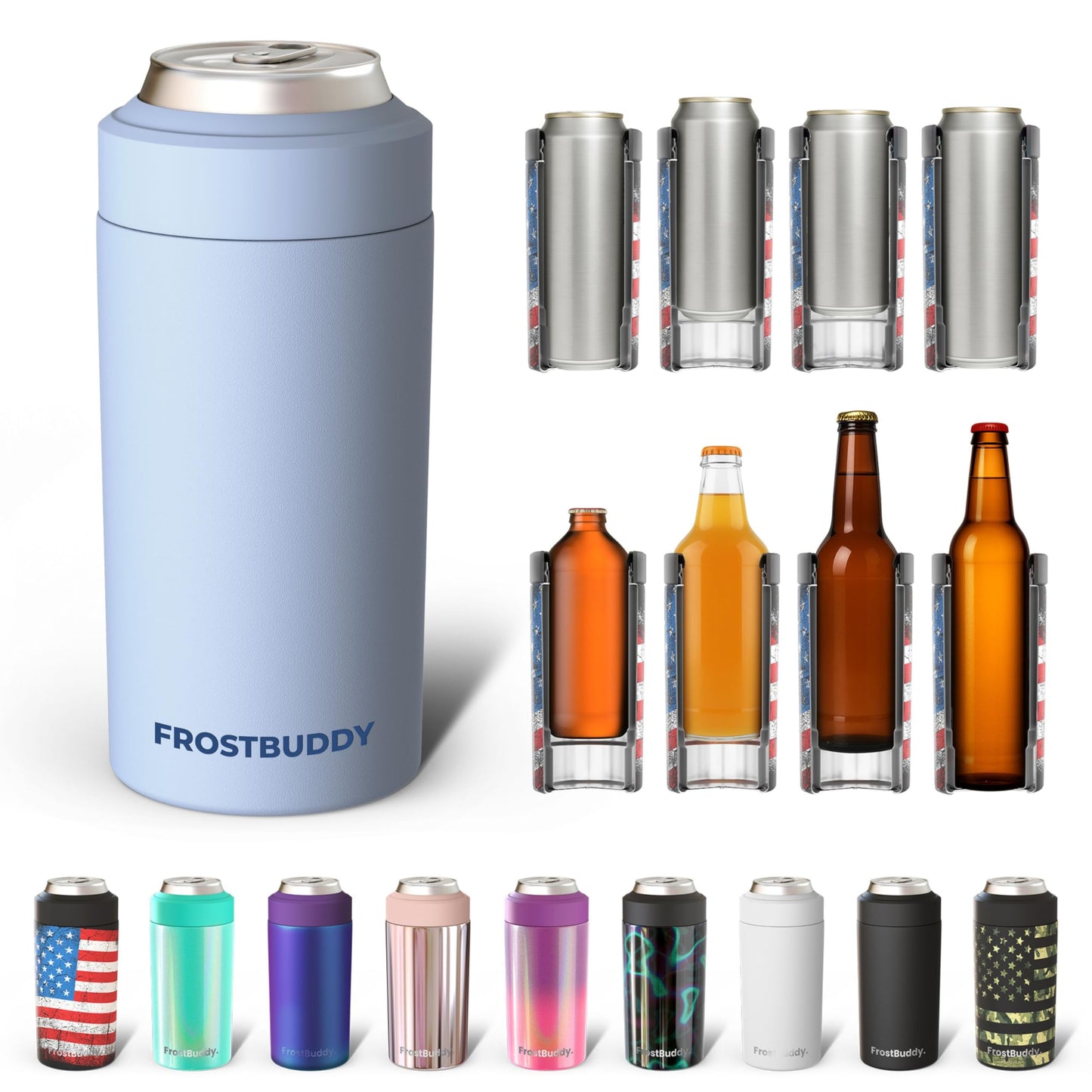 Frost Buddy Universal Buddy Can Cooler - Fits All - For Regular 12 & 16 oz or Slim-Size Bottles - Insulated Double -Walled Stainless Steel (All white)