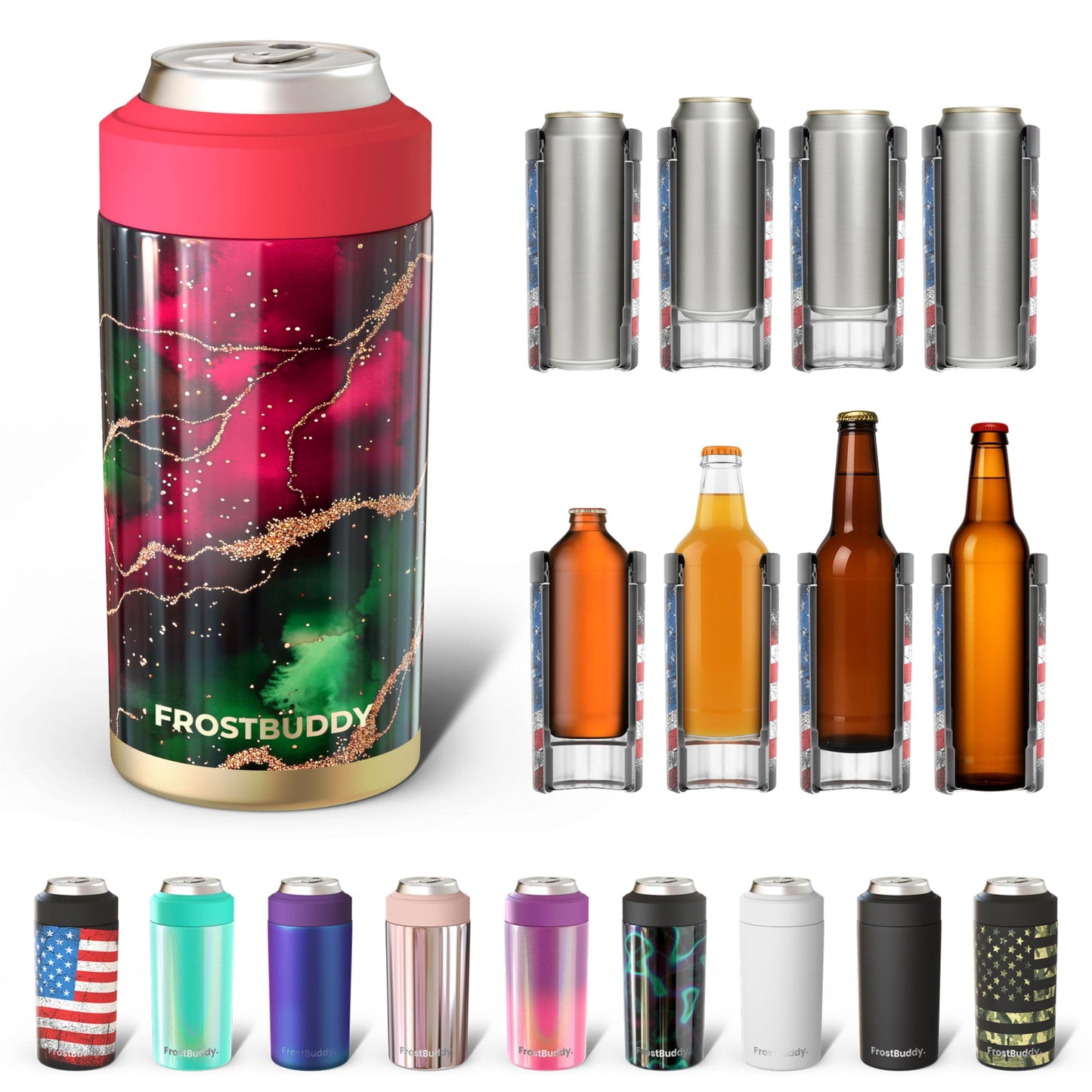 Frost Buddy Universal Buddy Can Cooler - Fits All - For Regular 12 & 16 oz or Slim-Size Bottles - Insulated Double -Walled Stainless Steel (All white)