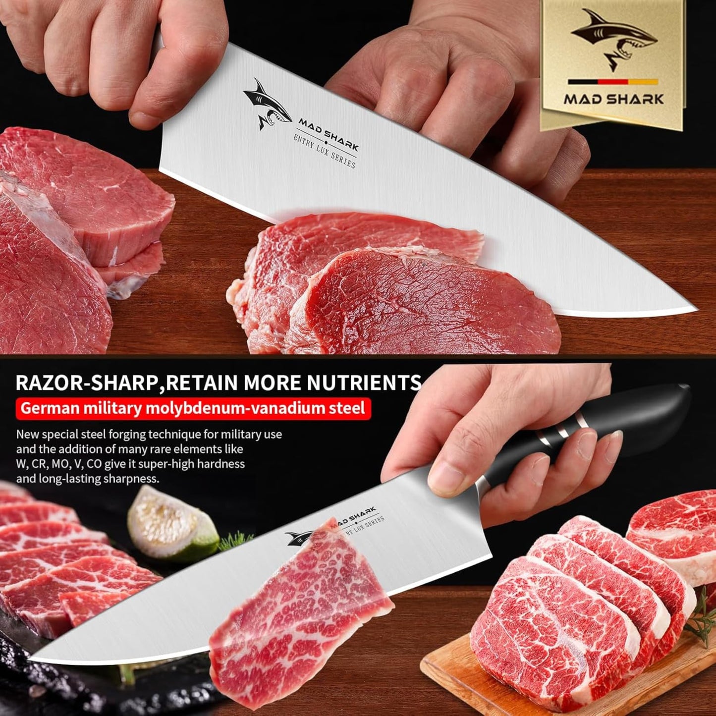 MAD SHARK Chef Knife 8 inch Chopping Knife High Carbon Stainless Steel Shark Chef's Knives with Ergonomic Handle, Cooking Knife with Gift Box, Birthday Gifts for Mom/Dad, Black