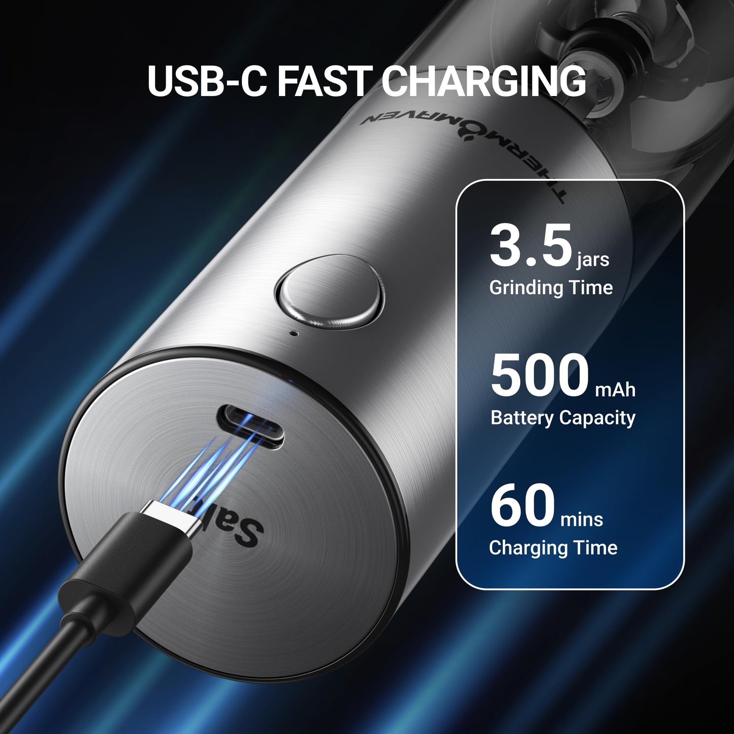 ThermoMaven Electric Salt and Pepper Grinder Set, 110ml Larger Rechargeable Automatic Salt and Pepper Mill Grinder with 6 Adjustable Coarseness, Electric Salt and Pepper Shakers, LED, 2 Packs, Black