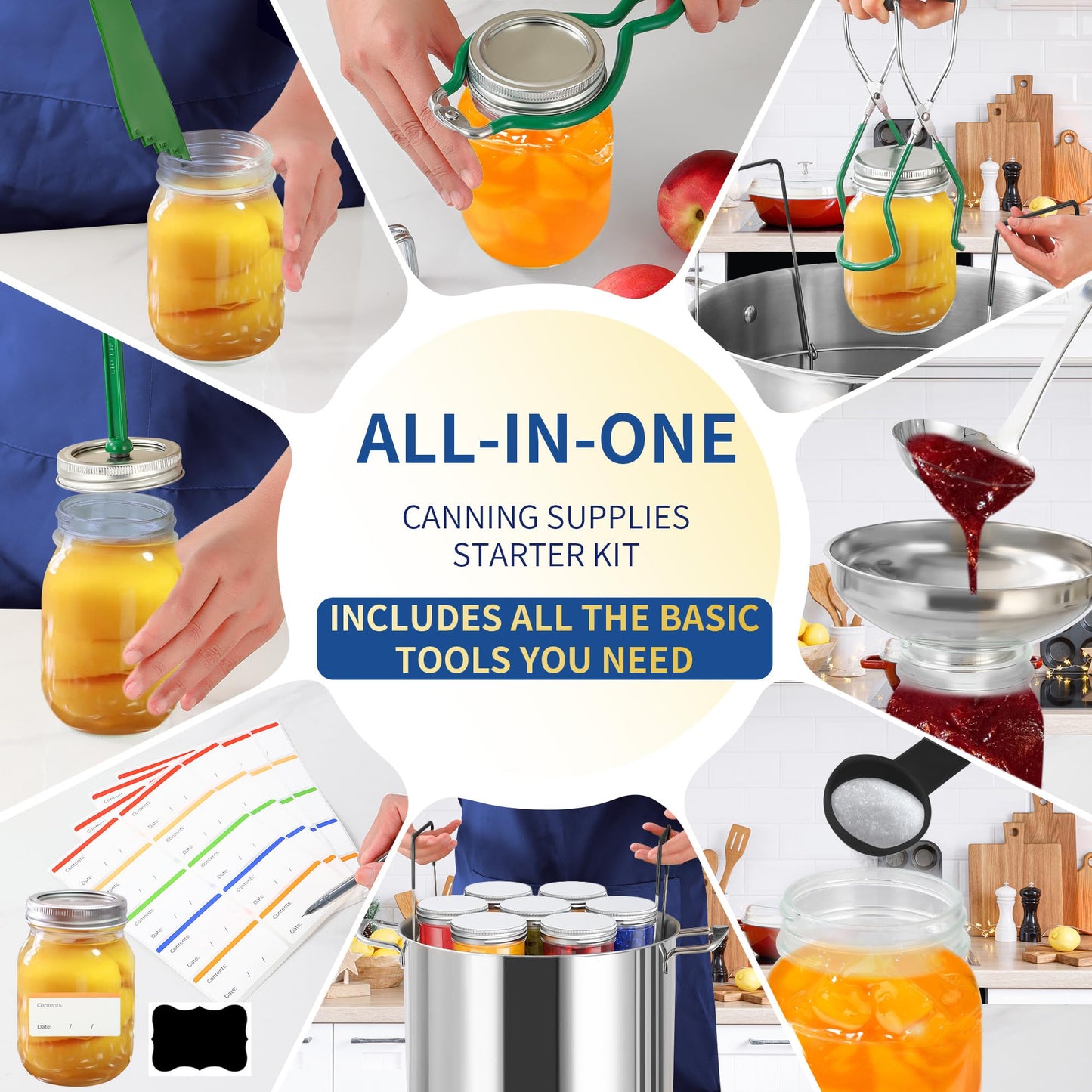 Canning Supplies Starter Kit with Canning Rack,Canning Kit for Beginners 11 Pcs, Jar Lifter, Funnel, Wrench, Tongs, Lid Lifter, Bubble Popper, Labels, Ladle, Measuring Spoon - Black