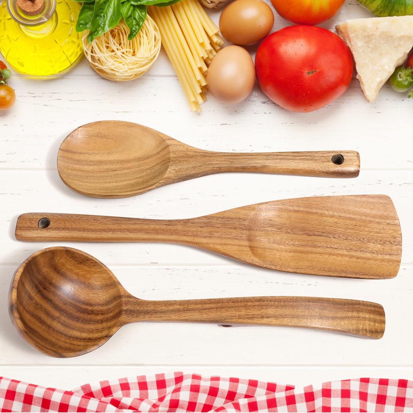 9 Piece Natural Teak Wooden Kitchen Utensil Set with Spoon Rest - Comfort Grip Cooking Spoons and Utensils Holder