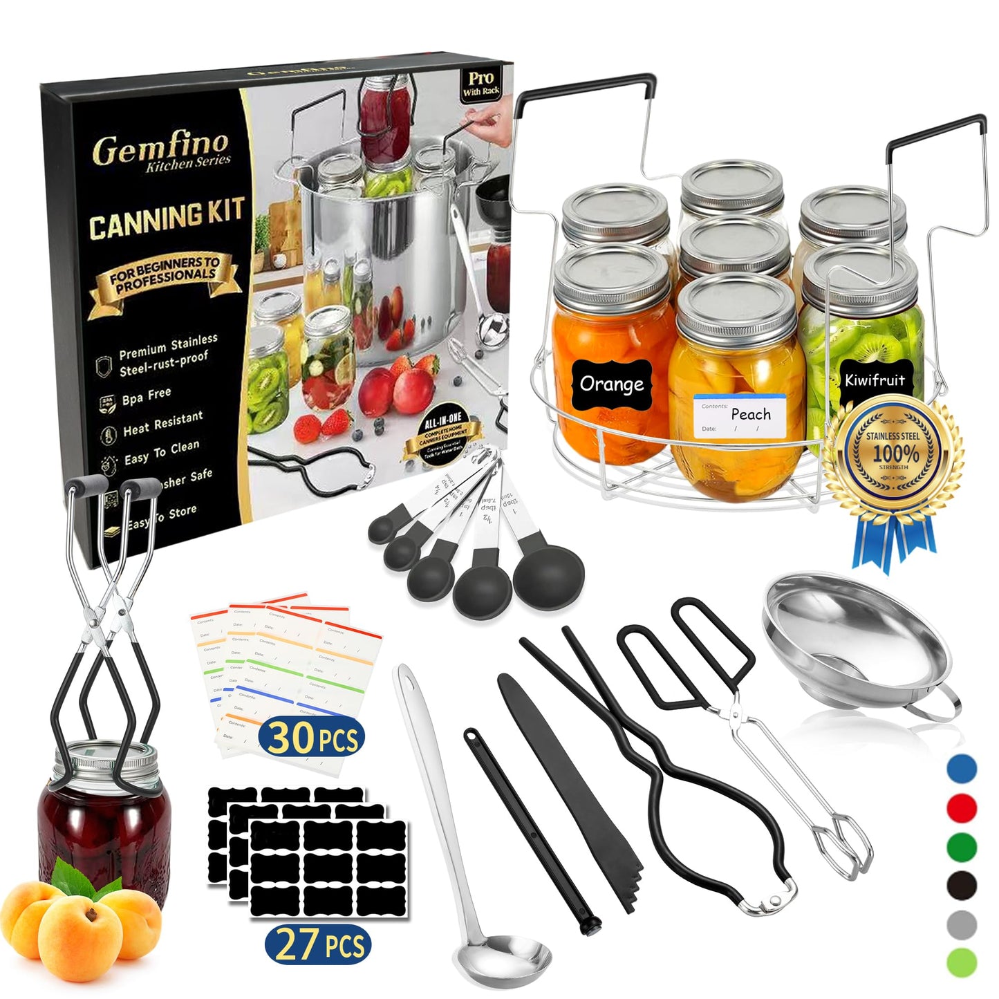 Canning Supplies Starter Kit with Canning Rack,Canning Kit for Beginners 11 Pcs, Jar Lifter, Funnel, Wrench, Tongs, Lid Lifter, Bubble Popper, Labels, Ladle, Measuring Spoon - Black