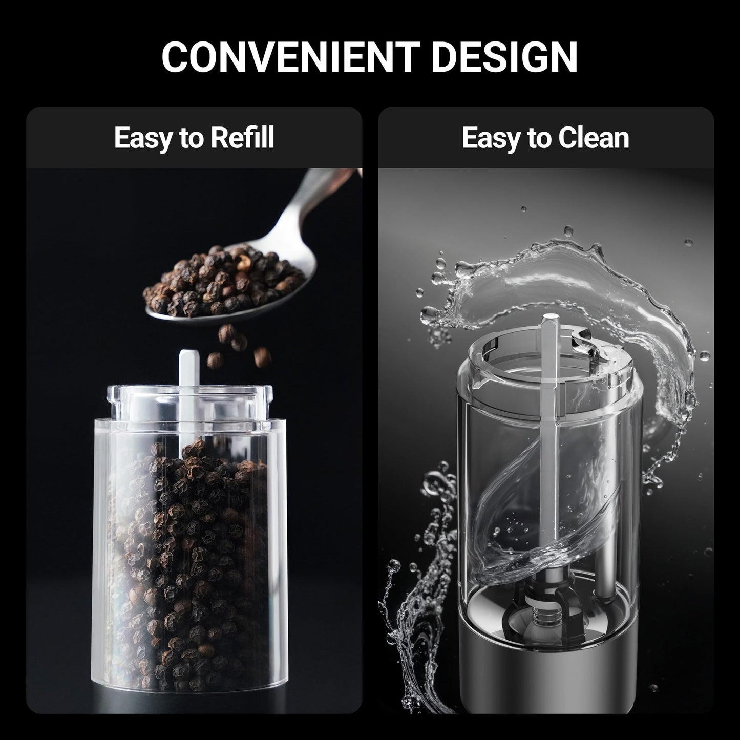 ThermoMaven Electric Salt and Pepper Grinder Set, 110ml Larger Rechargeable Automatic Salt and Pepper Mill Grinder with 6 Adjustable Coarseness, Electric Salt and Pepper Shakers, LED, 2 Packs, Black