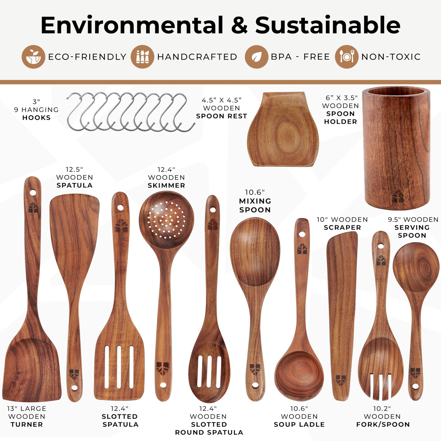 Wooden Utensil Set 8 Pcs – Sturdy & Easy to Clean, Natural Teak Wooden Spoons for Cooking – Non-Scratch Cooking Utensils with Spatula, Turner, Ladle, Spoons, Holder, Spoon Rest, 6 Hooks Kitchen Gifts