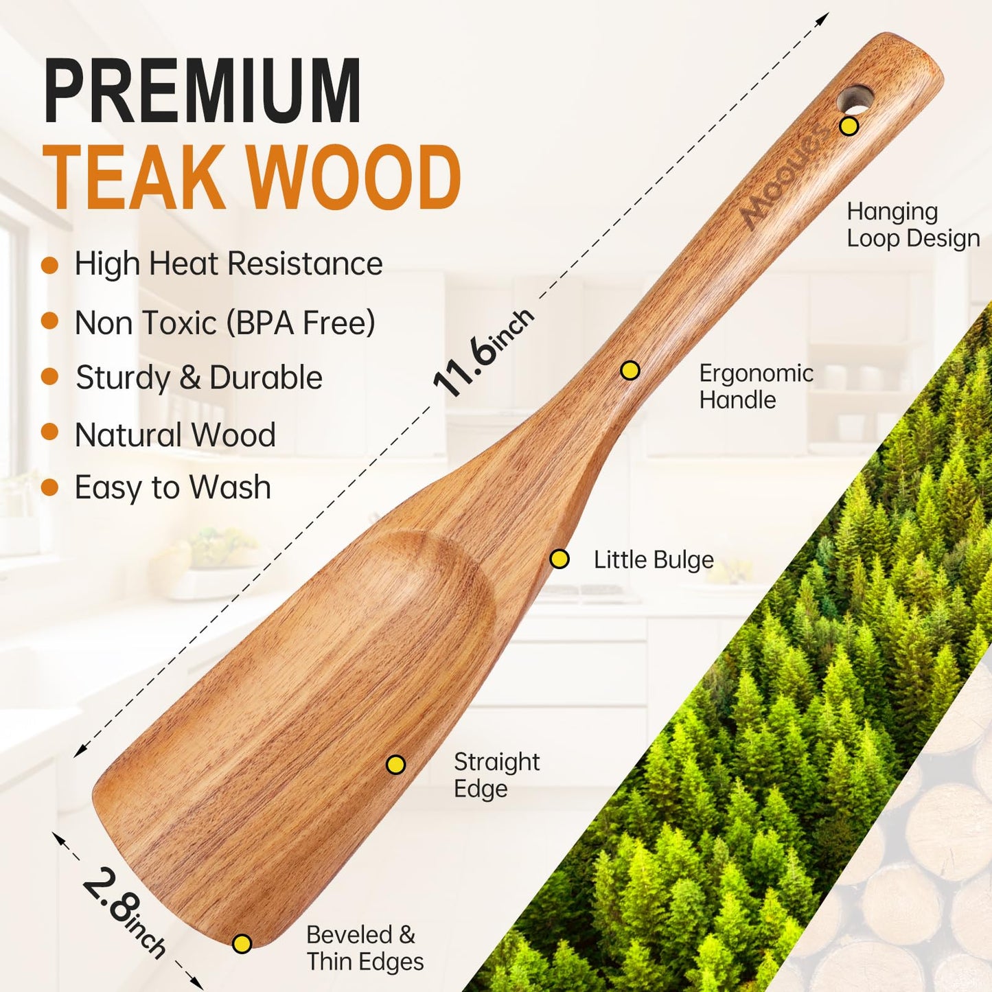 9 Piece Natural Teak Wooden Kitchen Utensil Set with Spoon Rest - Comfort Grip Cooking Spoons and Utensils Holder