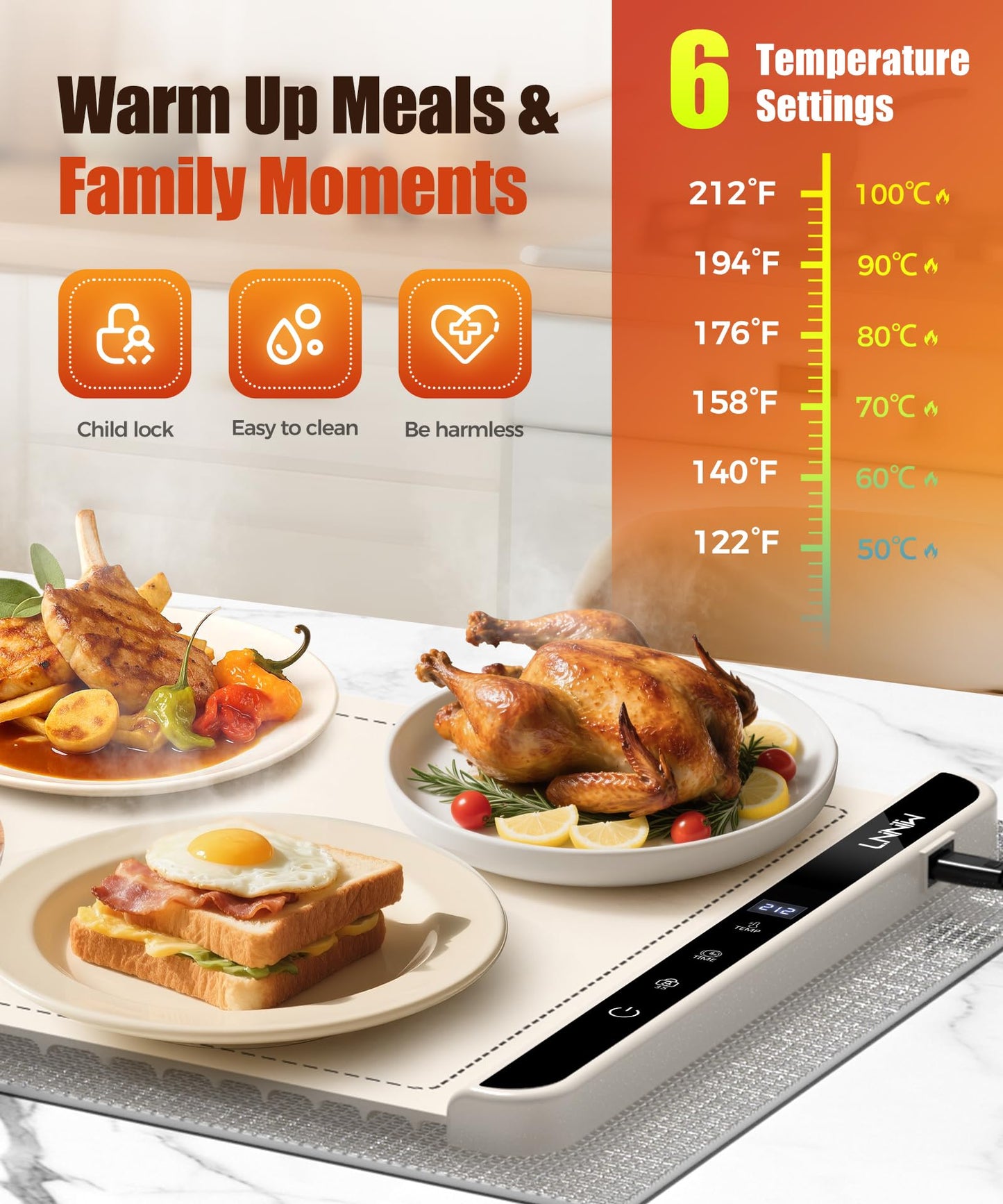 Food Warming Mat with Heat-Resistant Pad, 26X15 Inch, 6 Temperature & 6 Timer Settings, Child Lock Safety,Food Warmer Chafing Dishes for Buffet,Gatherings,Parties,Everyday Use